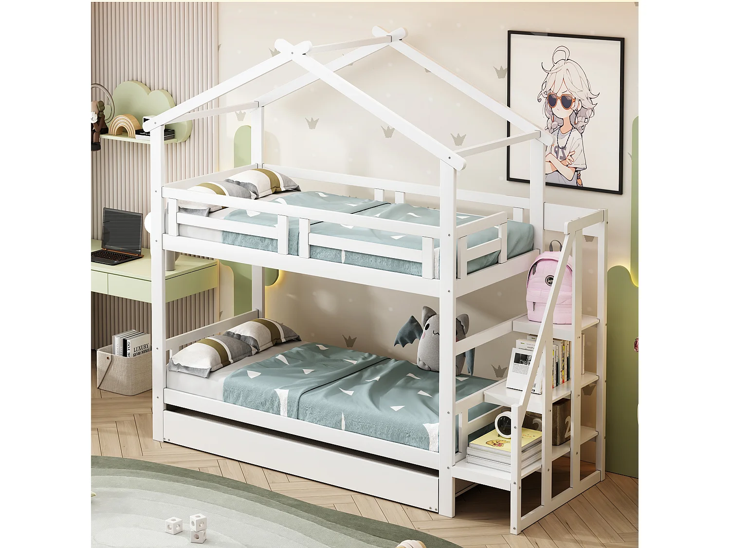 Stapelbedden 2 x 90 x 200 cm met onderschuifbed 90 x 190 cm - Opbergplanken - Grenenhout + multiplex + MDF - Wit