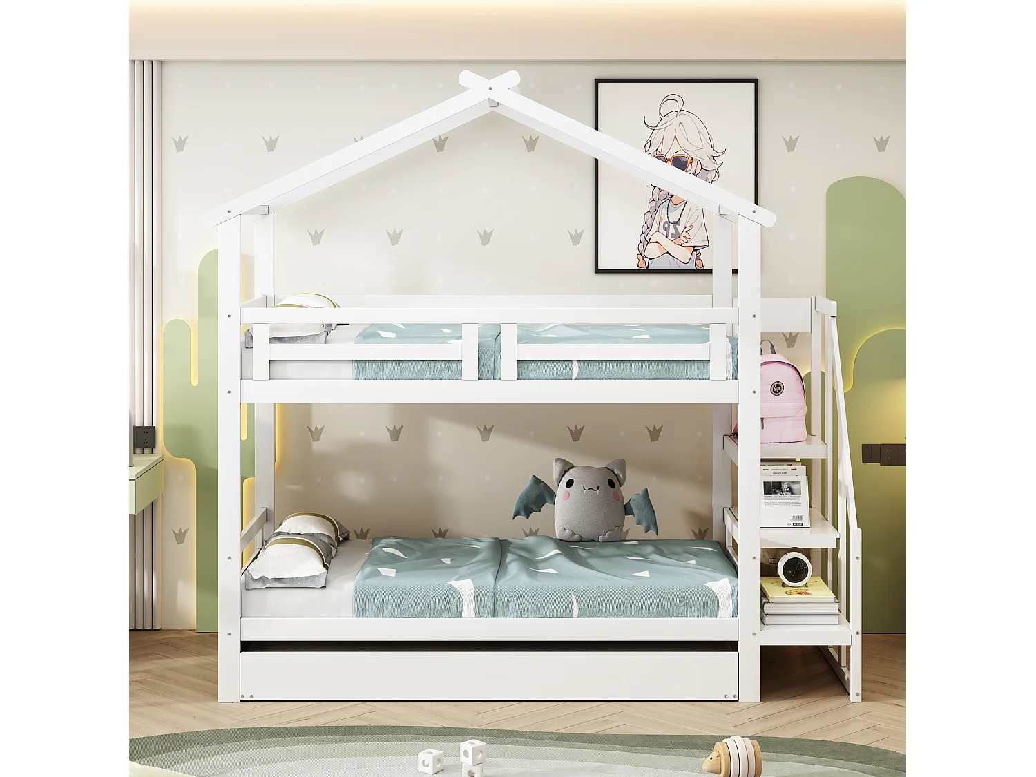 Stapelbedden 2 x 90 x 200 cm met onderschuifbed 90 x 190 cm - Opbergplanken - Grenenhout + multiplex + MDF - Wit