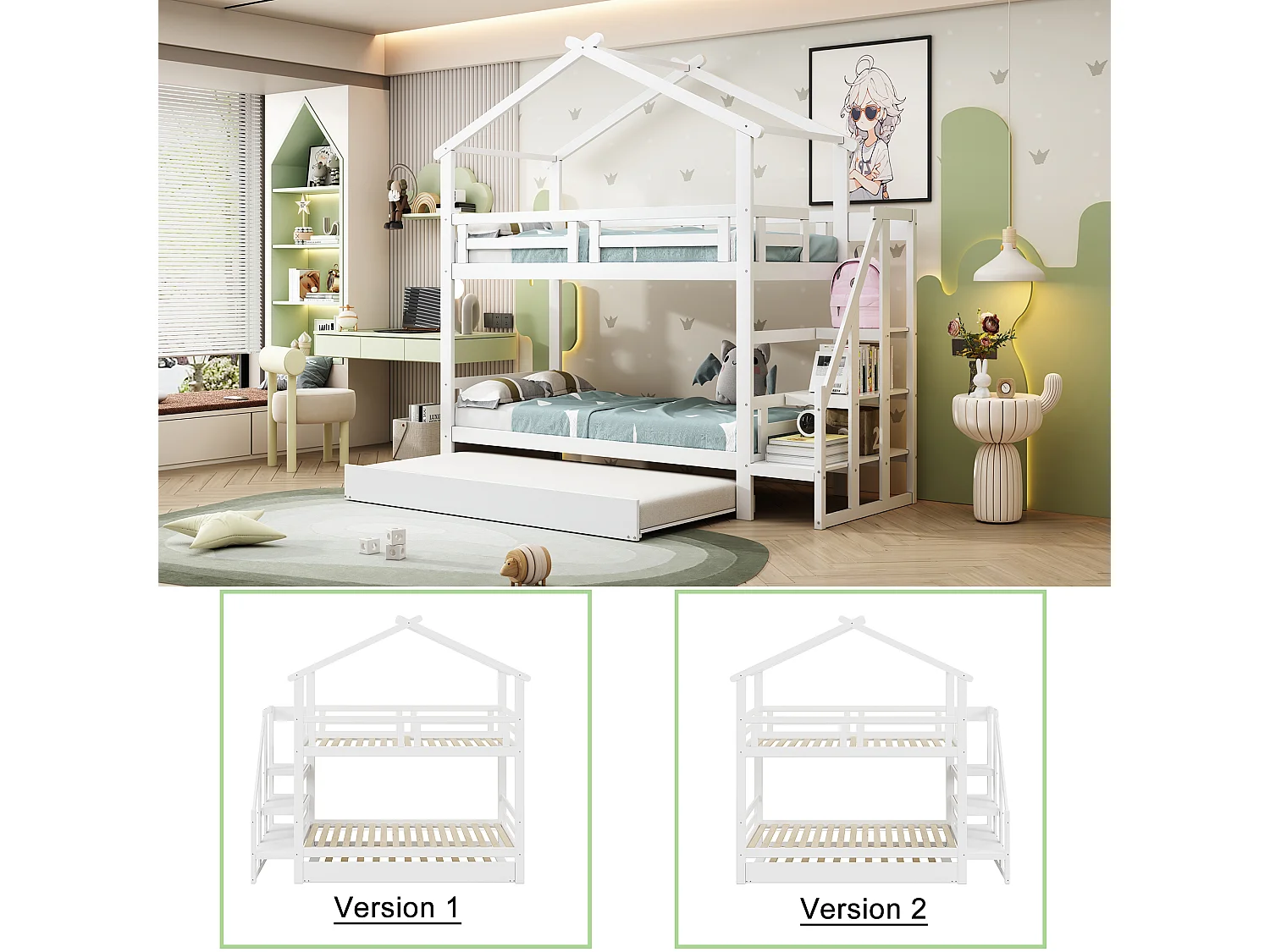 Stapelbedden 2 x 90 x 200 cm met onderschuifbed 90 x 190 cm - Opbergplanken - Grenenhout + multiplex + MDF - Wit