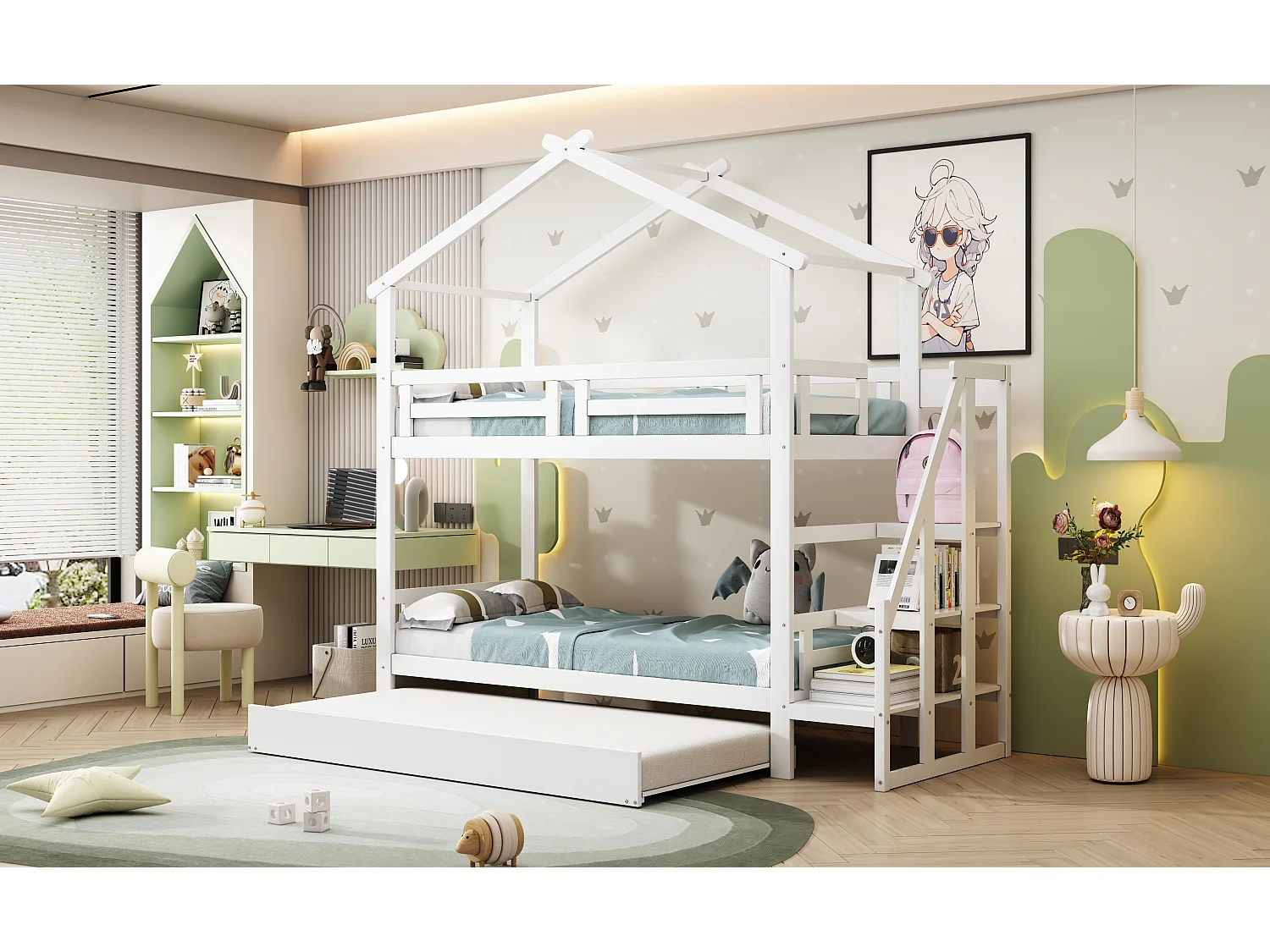 Stapelbedden 2 x 90 x 200 cm met onderschuifbed 90 x 190 cm - Opbergplanken - Grenenhout + multiplex + MDF - Wit