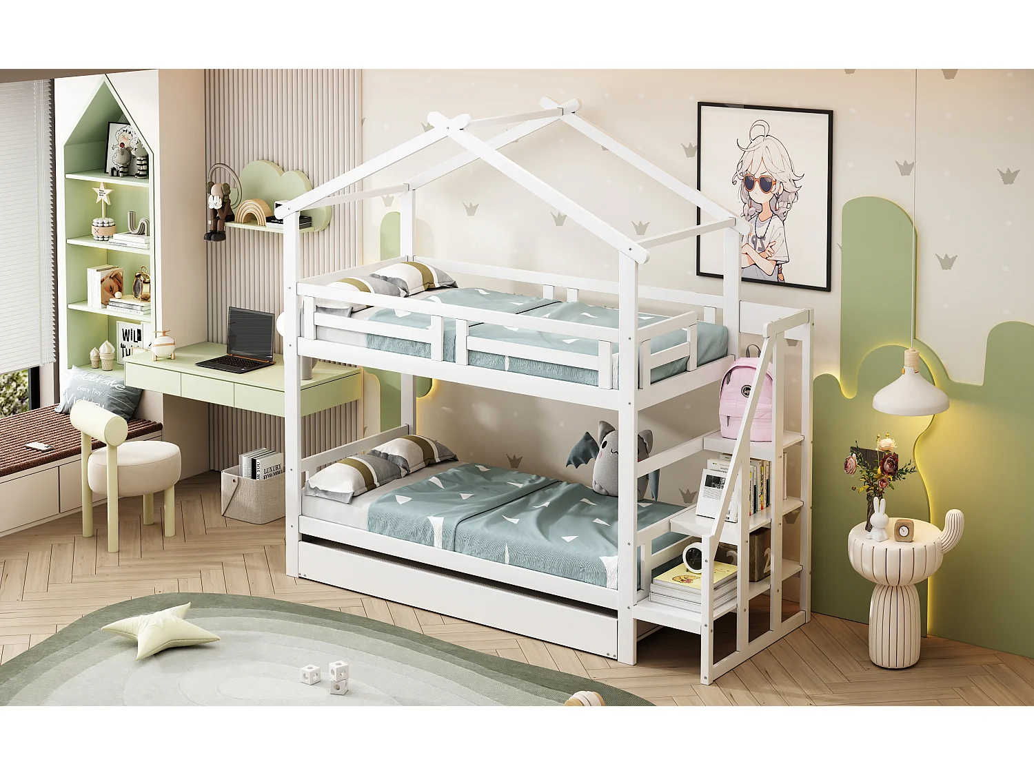 Stapelbedden 2 x 90 x 200 cm met onderschuifbed 90 x 190 cm - Opbergplanken - Grenenhout + multiplex + MDF - Wit