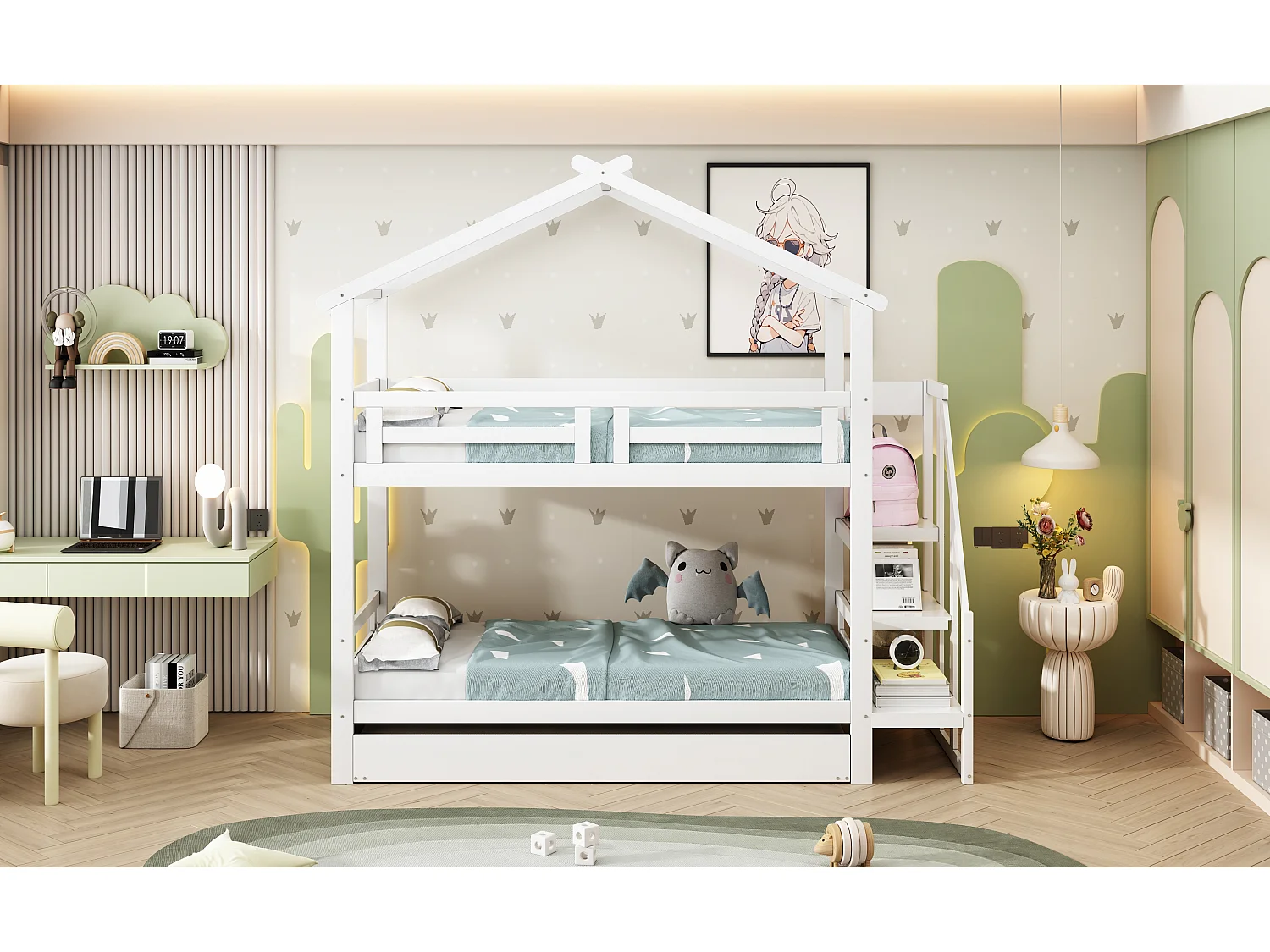 Stapelbedden 2 x 90 x 200 cm met onderschuifbed 90 x 190 cm - Opbergplanken - Grenenhout + multiplex + MDF - Wit