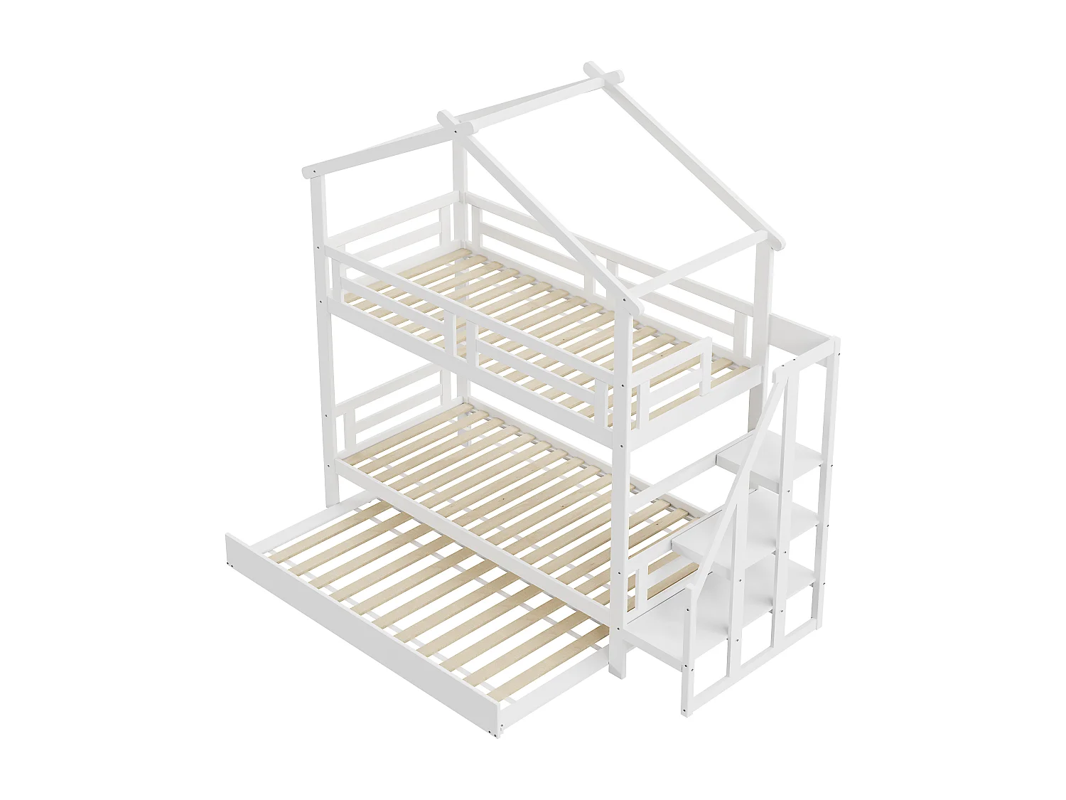 Stapelbedden 2 x 90 x 200 cm met onderschuifbed 90 x 190 cm - Opbergplanken - Grenenhout + multiplex + MDF - Wit