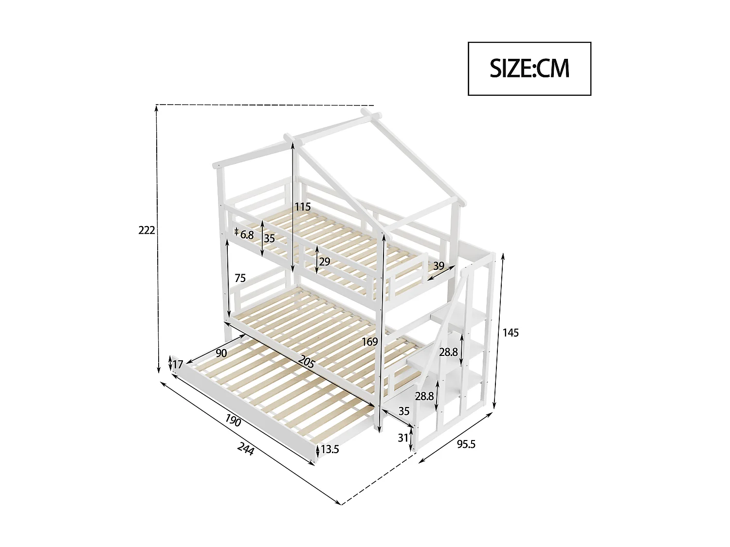 Stapelbedden 2 x 90 x 200 cm met onderschuifbed 90 x 190 cm - Opbergplanken - Grenenhout + multiplex + MDF - Wit