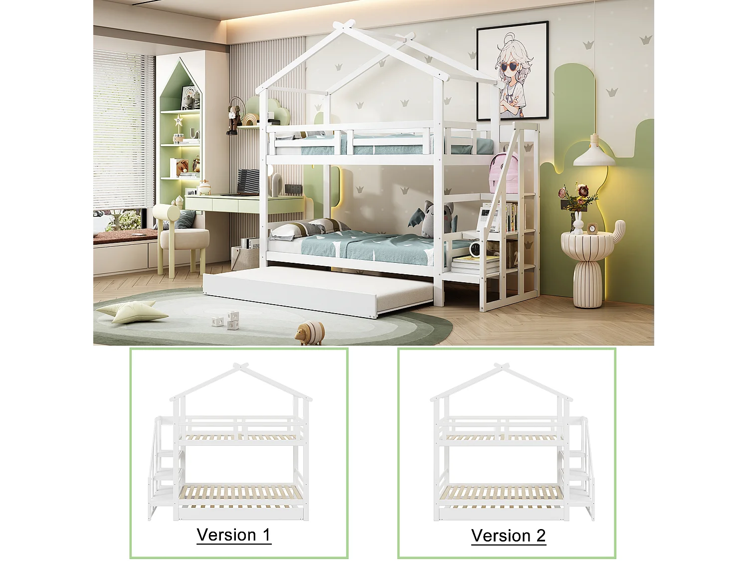 Stapelbedden 2 x 90 x 200 cm met onderschuifbed 90 x 190 cm - Opbergplanken - Grenenhout + multiplex + MDF - Wit