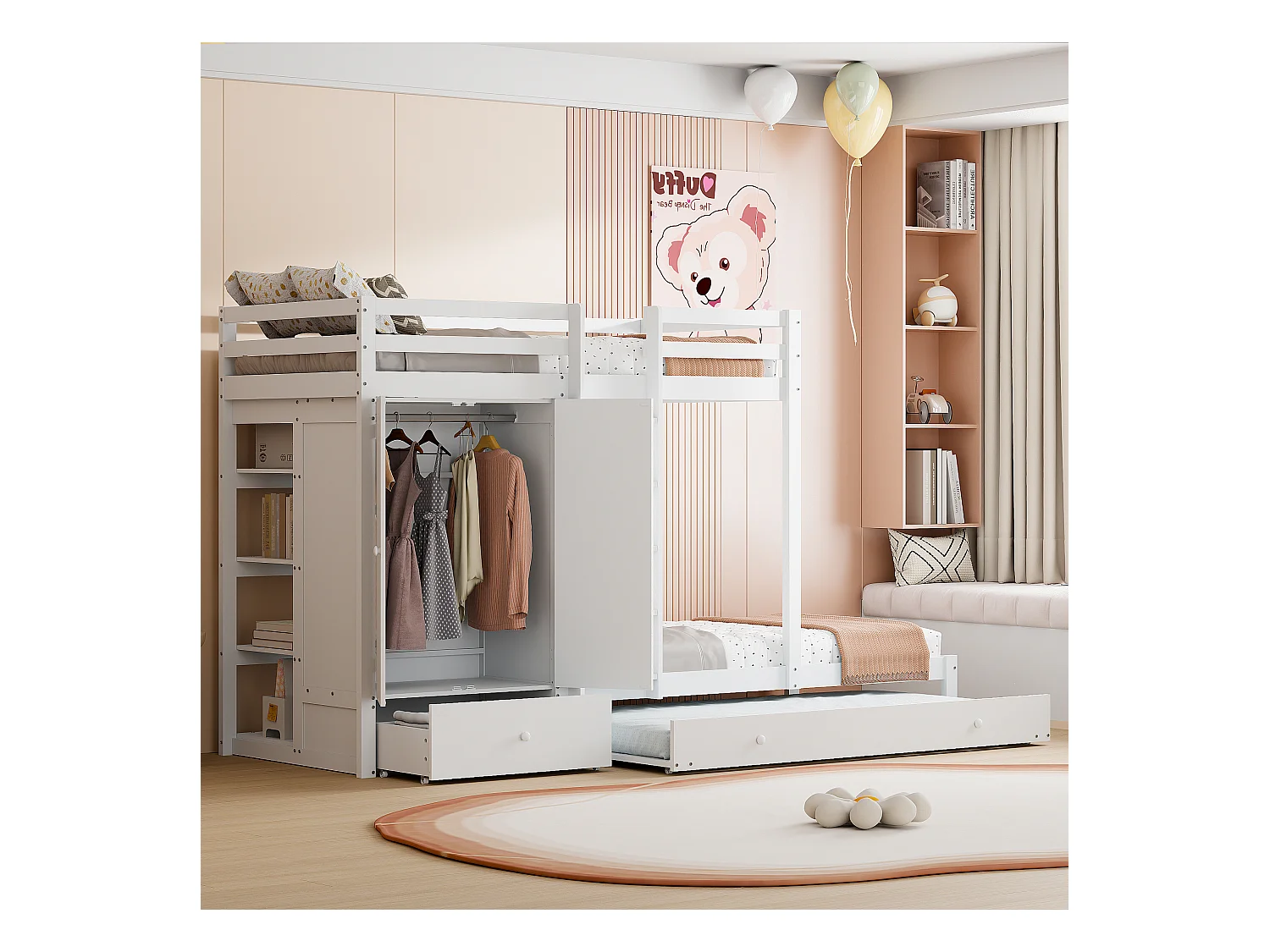 Lits superposés 2 x 90 x 200 cm avec lit gigogne 190 x 90 cm - Armoir, tiroir et étagères de rangement - Bois de pin et MDF - Coloris blanc