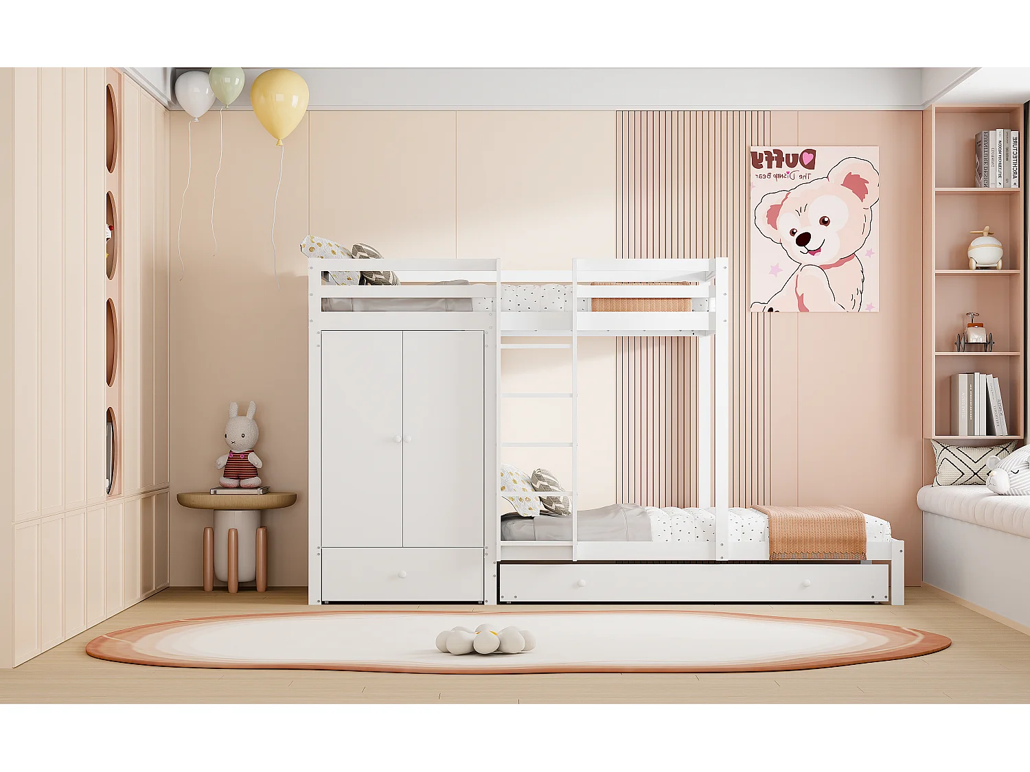 Literas 2 x 90 x 200 cm con cama nido 190 x 90 cm - Armario, cajonera y estantes de almacenaje - Madera de pino y MDF - Color blanco