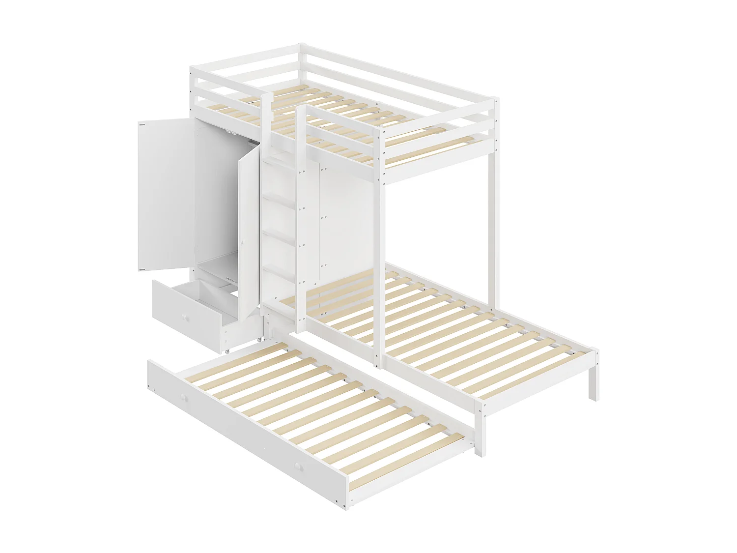 Lits superposés 2 x 90 x 200 cm avec lit gigogne 190 x 90 cm - Armoir, tiroir et étagères de rangement - Bois de pin et MDF - Coloris blanc