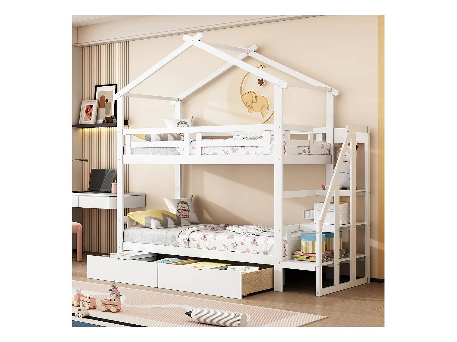Stapelbedden 2 x 90 x 200 cm met 2 laden en opbergplanken - Grenenhout + multiplex + MDF - Wit