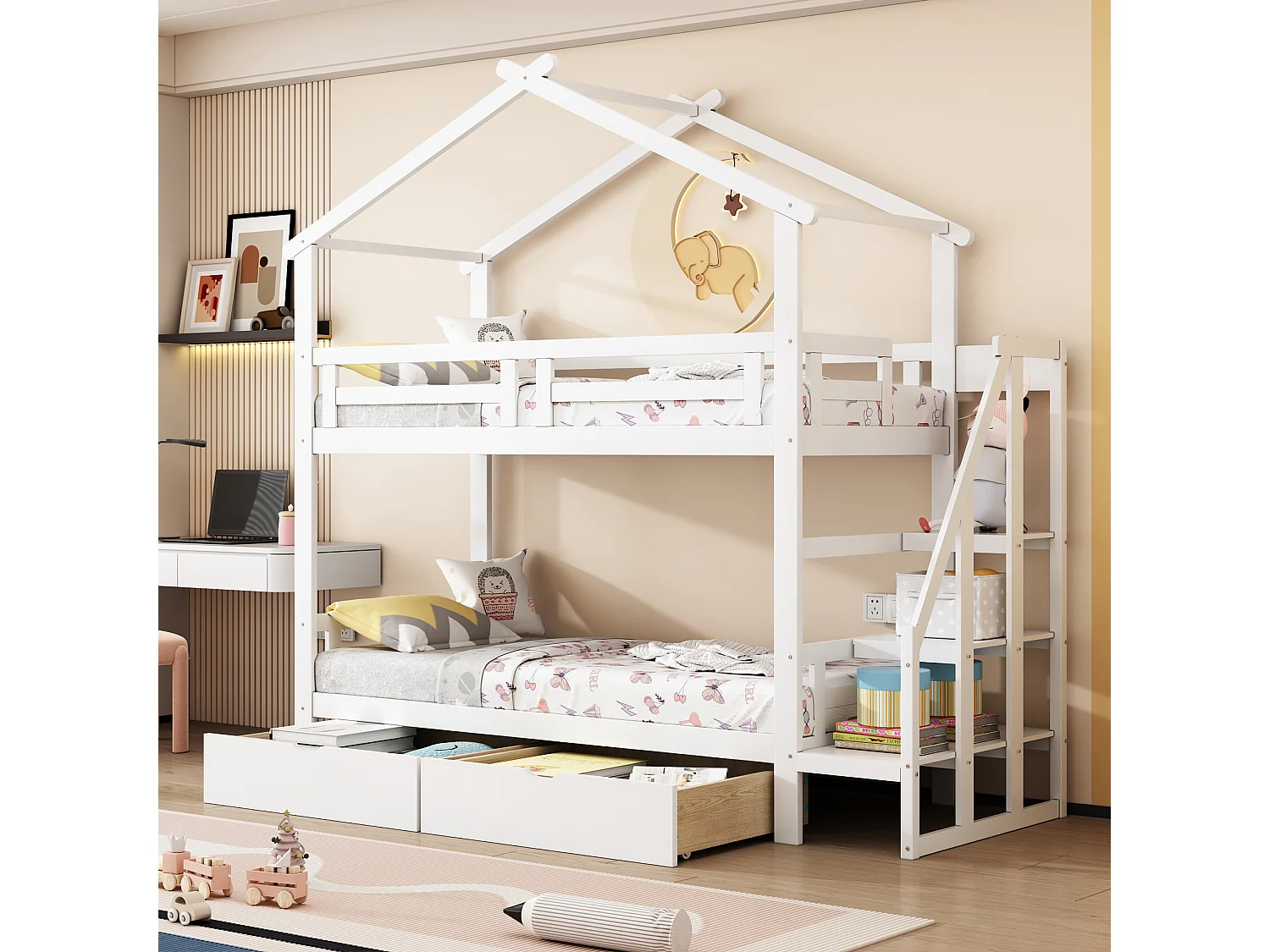 Stapelbedden 2 x 90 x 200 cm met 2 laden en opbergplanken - Grenenhout + multiplex + MDF - Wit