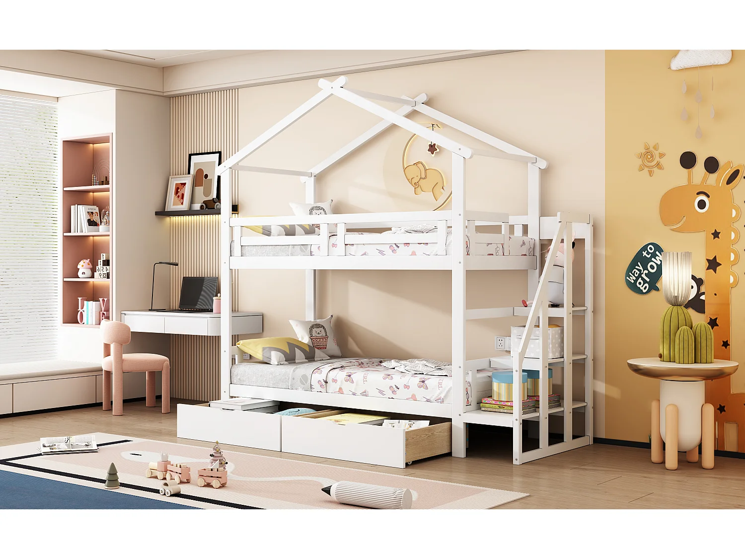 Stapelbedden 2 x 90 x 200 cm met 2 laden en opbergplanken - Grenenhout + multiplex + MDF - Wit