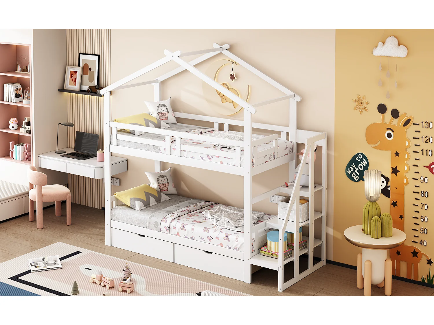 Stapelbedden 2 x 90 x 200 cm met 2 laden en opbergplanken - Grenenhout + multiplex + MDF - Wit