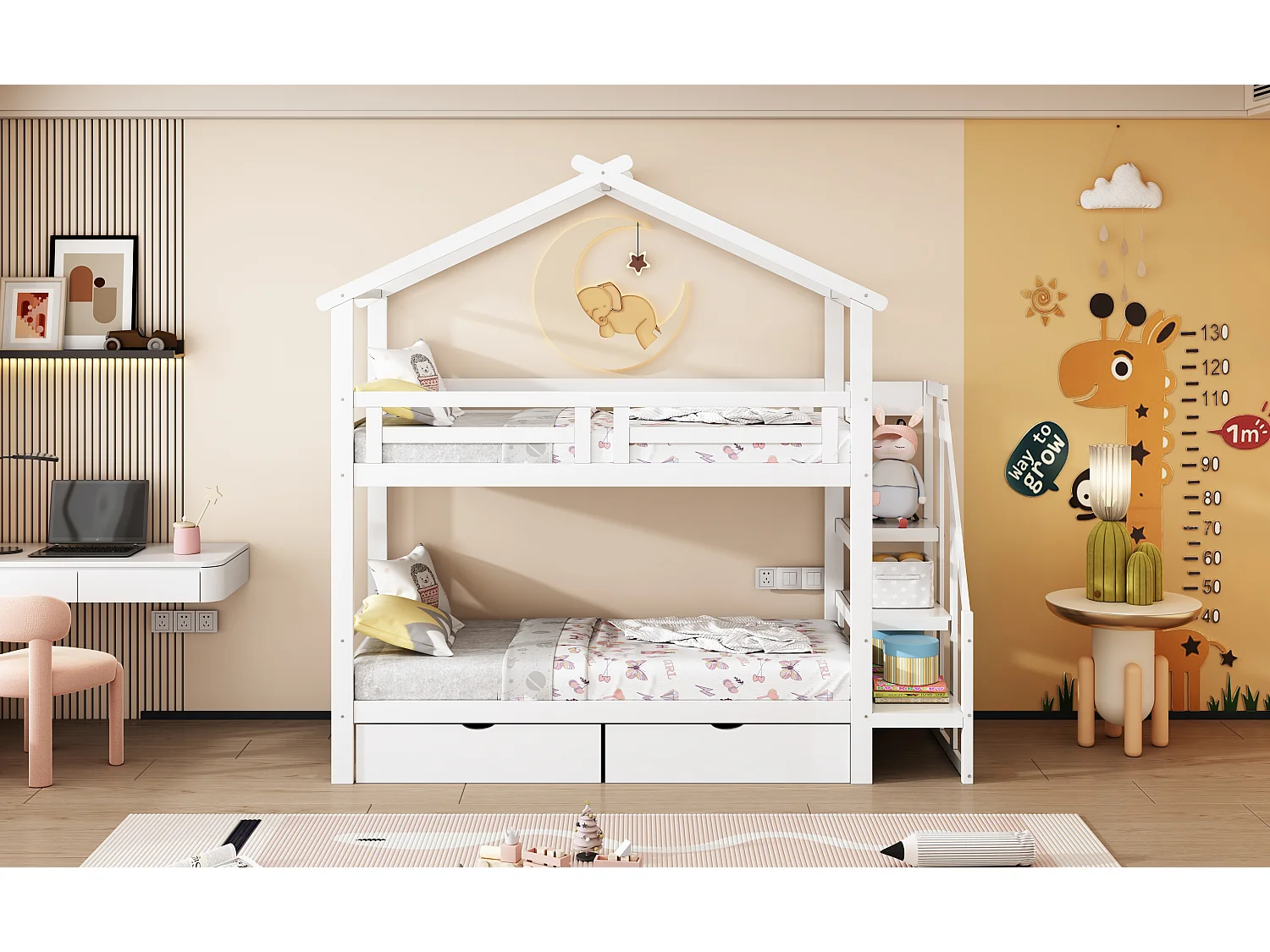 Stapelbedden 2 x 90 x 200 cm met 2 laden en opbergplanken - Grenenhout + multiplex + MDF - Wit