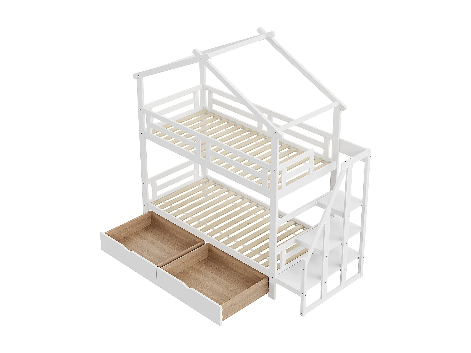 Stapelbedden 2 x 90 x 200 cm met 2 laden en opbergplanken - Grenenhout + multiplex + MDF - Wit