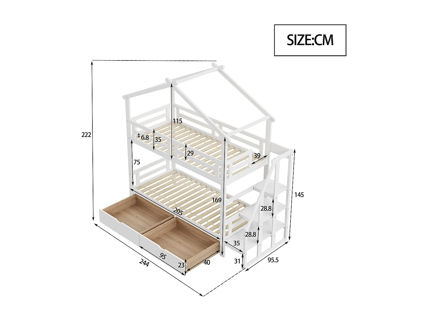 Stapelbedden 2 x 90 x 200 cm met 2 laden en opbergplanken - Grenenhout + multiplex + MDF - Wit