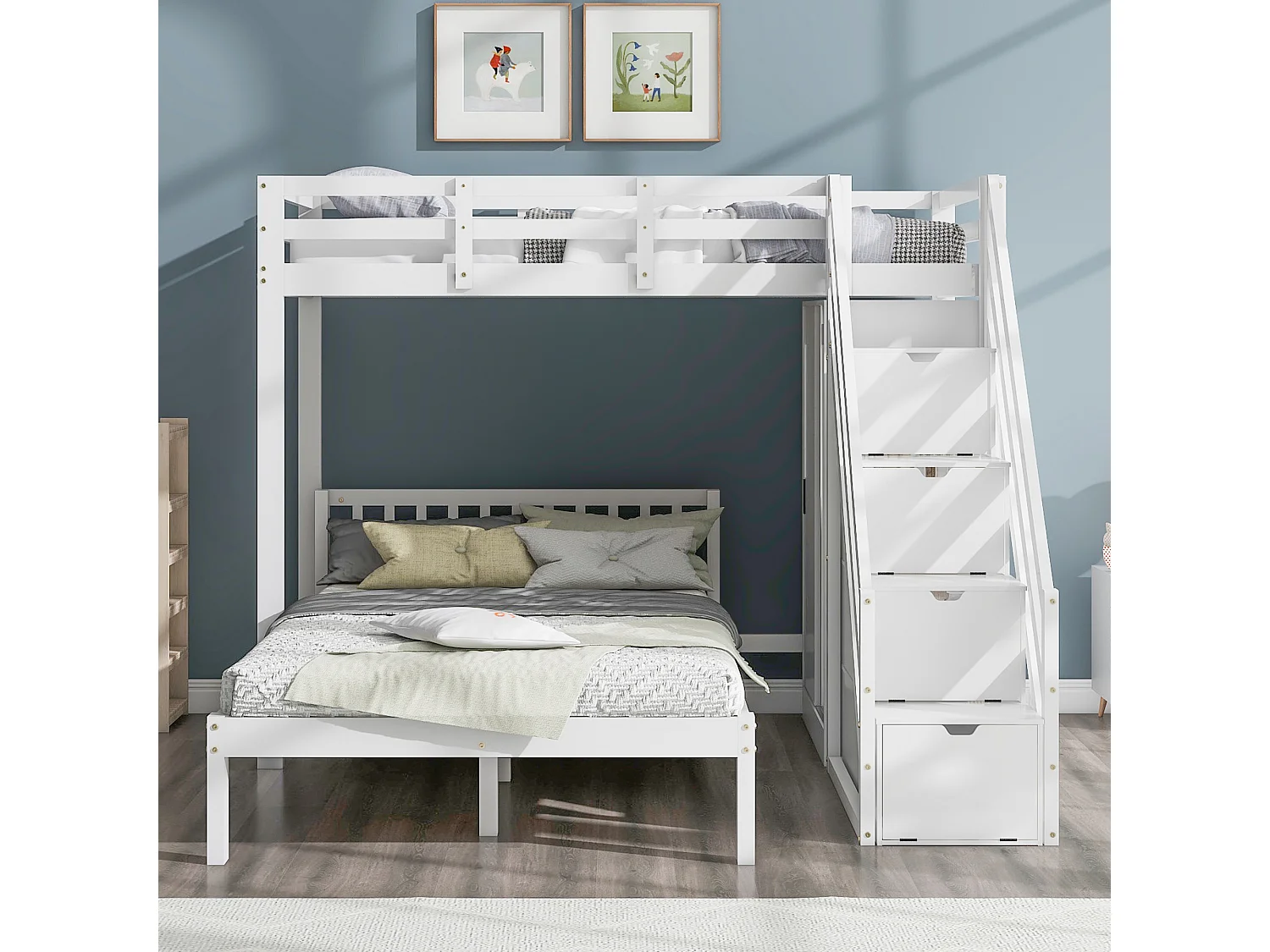 Literas 90 x 200 cm + 120 x 200 cm con armario y 4 cajones - madera maciza + MDF - blanco