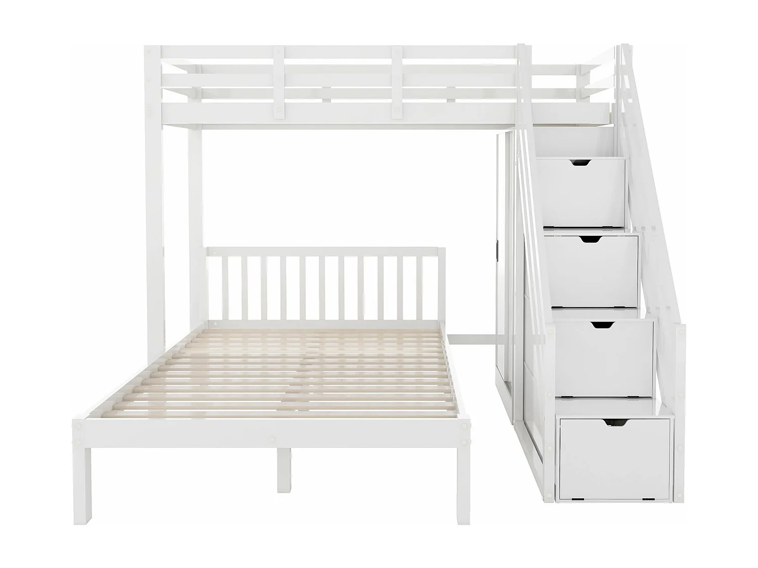 Literas 90 x 200 cm + 120 x 200 cm con armario y 4 cajones - madera maciza + MDF - blanco