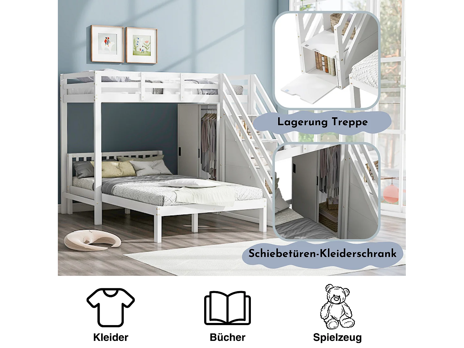 Literas 90 x 200 cm + 120 x 200 cm con armario y 4 cajones - madera maciza + MDF - blanco