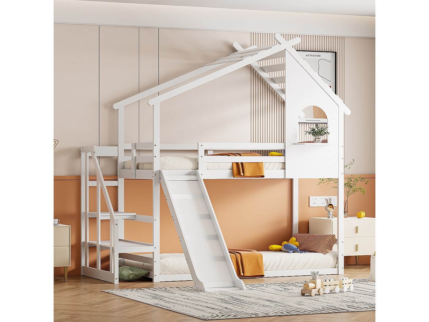 Stapelbed - 2 x 140 x 200 cm - cabinebed - glijbaan - grenen en MDF - wit