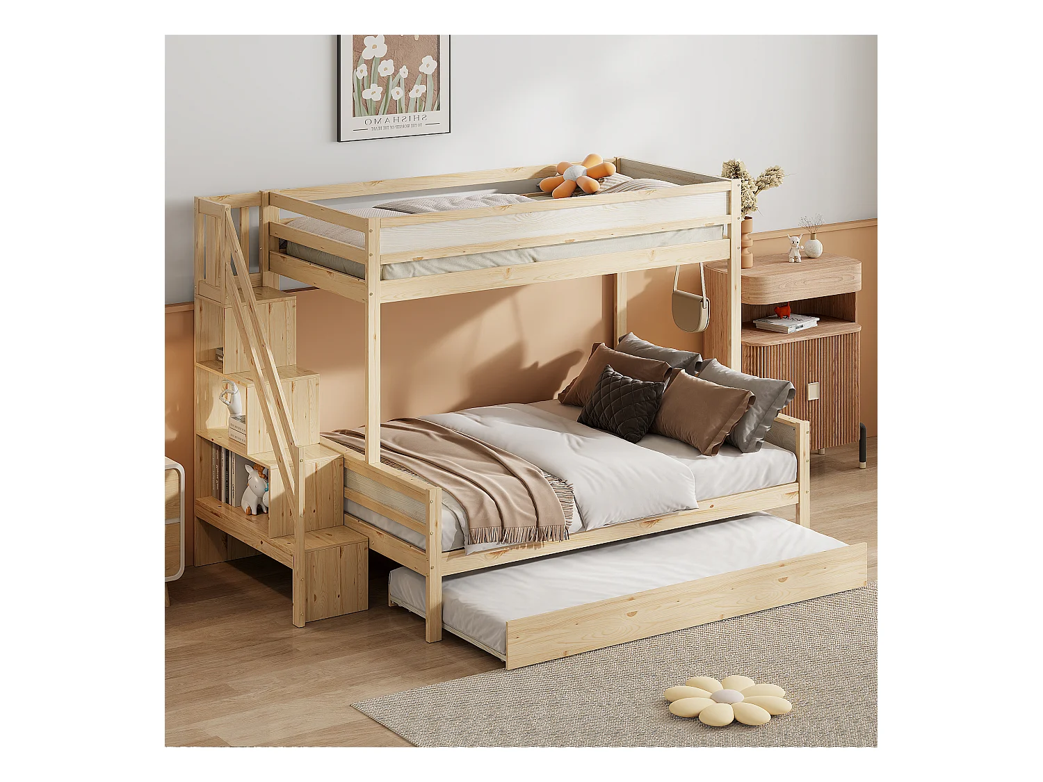 Stapelbedden 90 x 200 cm + 140 x 200 cm met onderschuifbed 90 x 190 cm en opbergplanken - massief hout - natuurlijke kleur