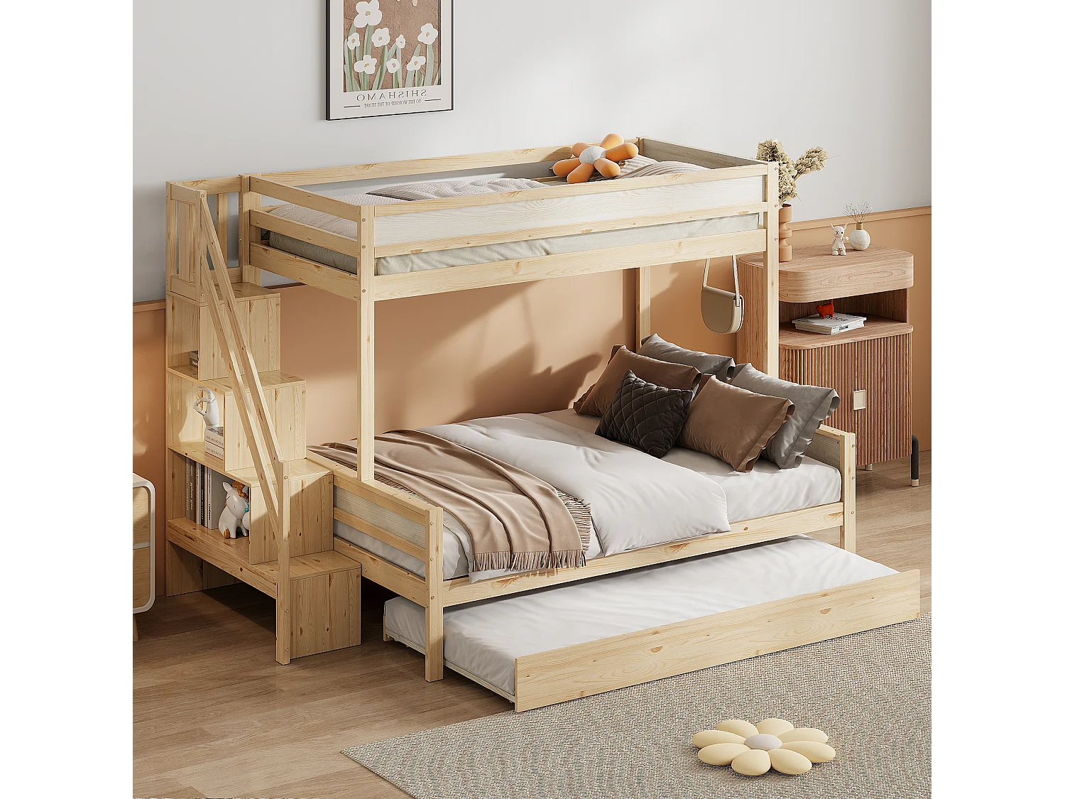 Stapelbedden 90 x 200 cm + 140 x 200 cm met onderschuifbed 90 x 190 cm en opbergplanken - massief hout - natuurlijke kleur