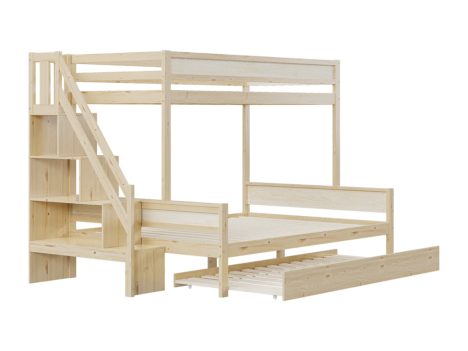 Stapelbedden 90 x 200 cm + 140 x 200 cm met onderschuifbed 90 x 190 cm en opbergplanken - massief hout - natuurlijke kleur