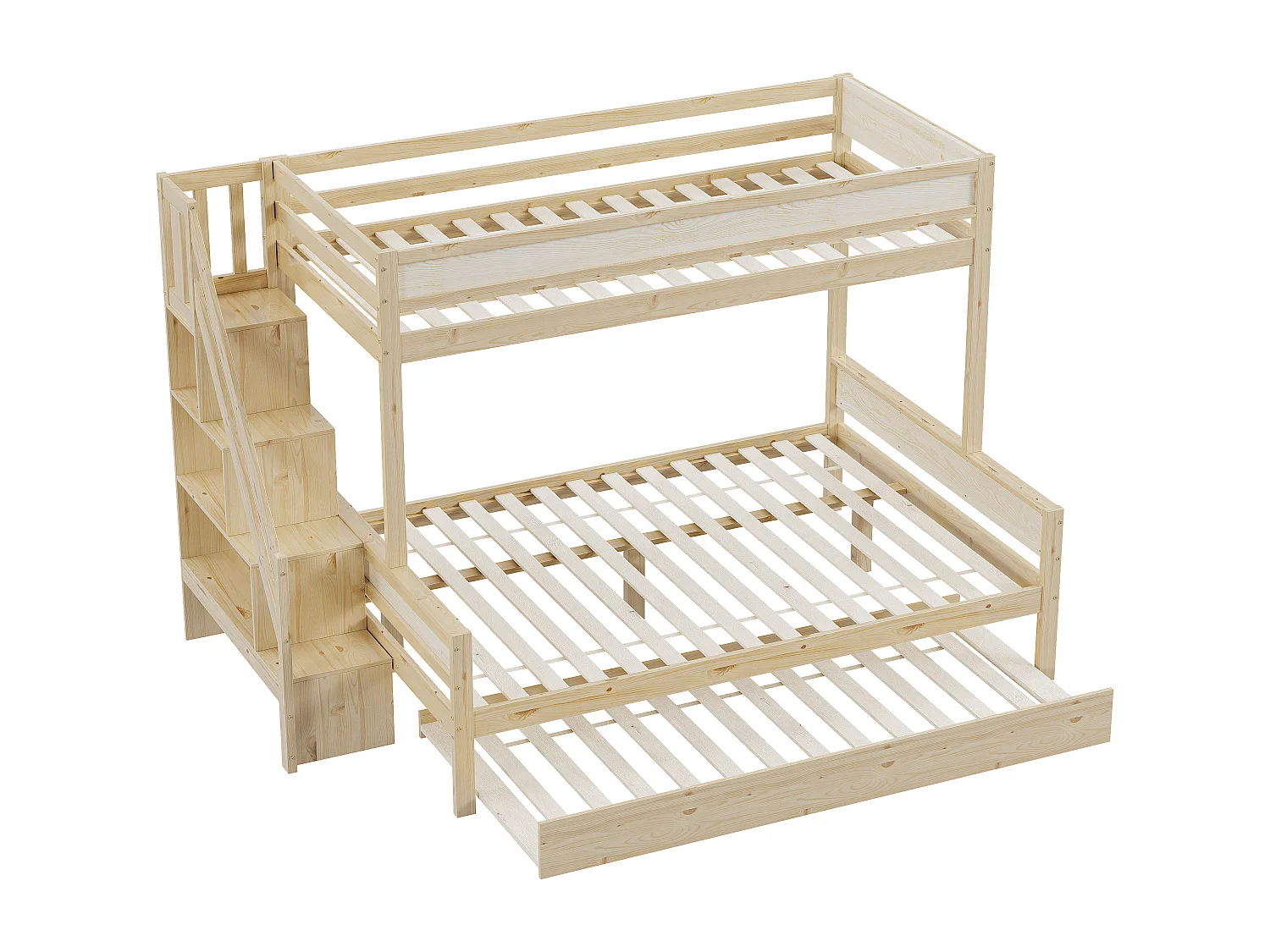 Stapelbedden 90 x 200 cm + 140 x 200 cm met onderschuifbed 90 x 190 cm en opbergplanken - massief hout - natuurlijke kleur