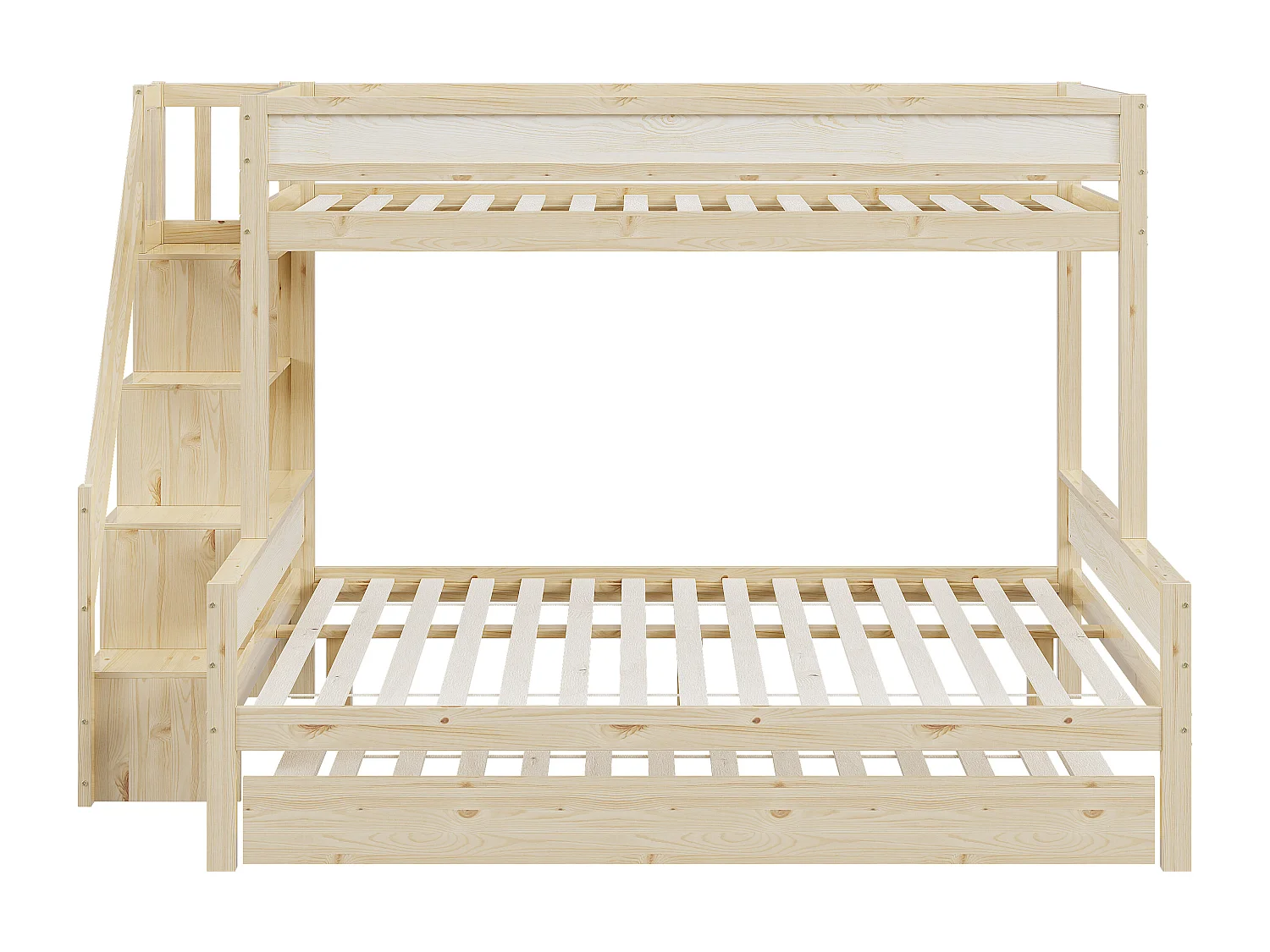 Stapelbedden 90 x 200 cm + 140 x 200 cm met onderschuifbed 90 x 190 cm en opbergplanken - massief hout - natuurlijke kleur