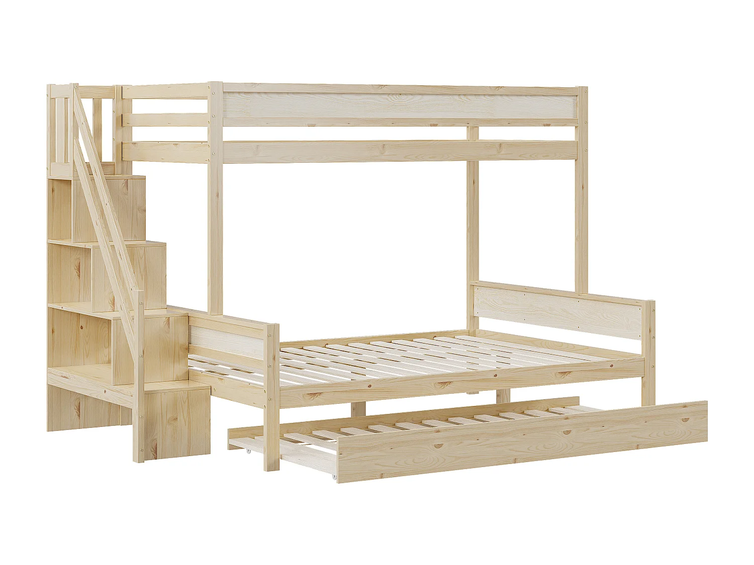 Stapelbedden 90 x 200 cm + 140 x 200 cm met onderschuifbed 90 x 190 cm en opbergplanken - massief hout - natuurlijke kleur