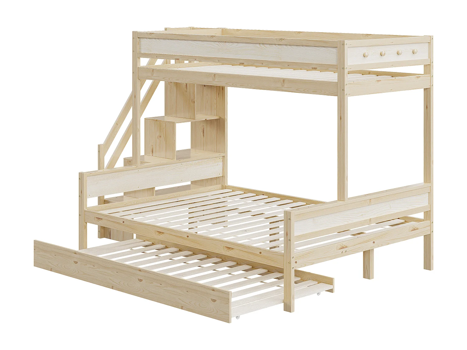 Stapelbedden 90 x 200 cm + 140 x 200 cm met onderschuifbed 90 x 190 cm en opbergplanken - massief hout - natuurlijke kleur