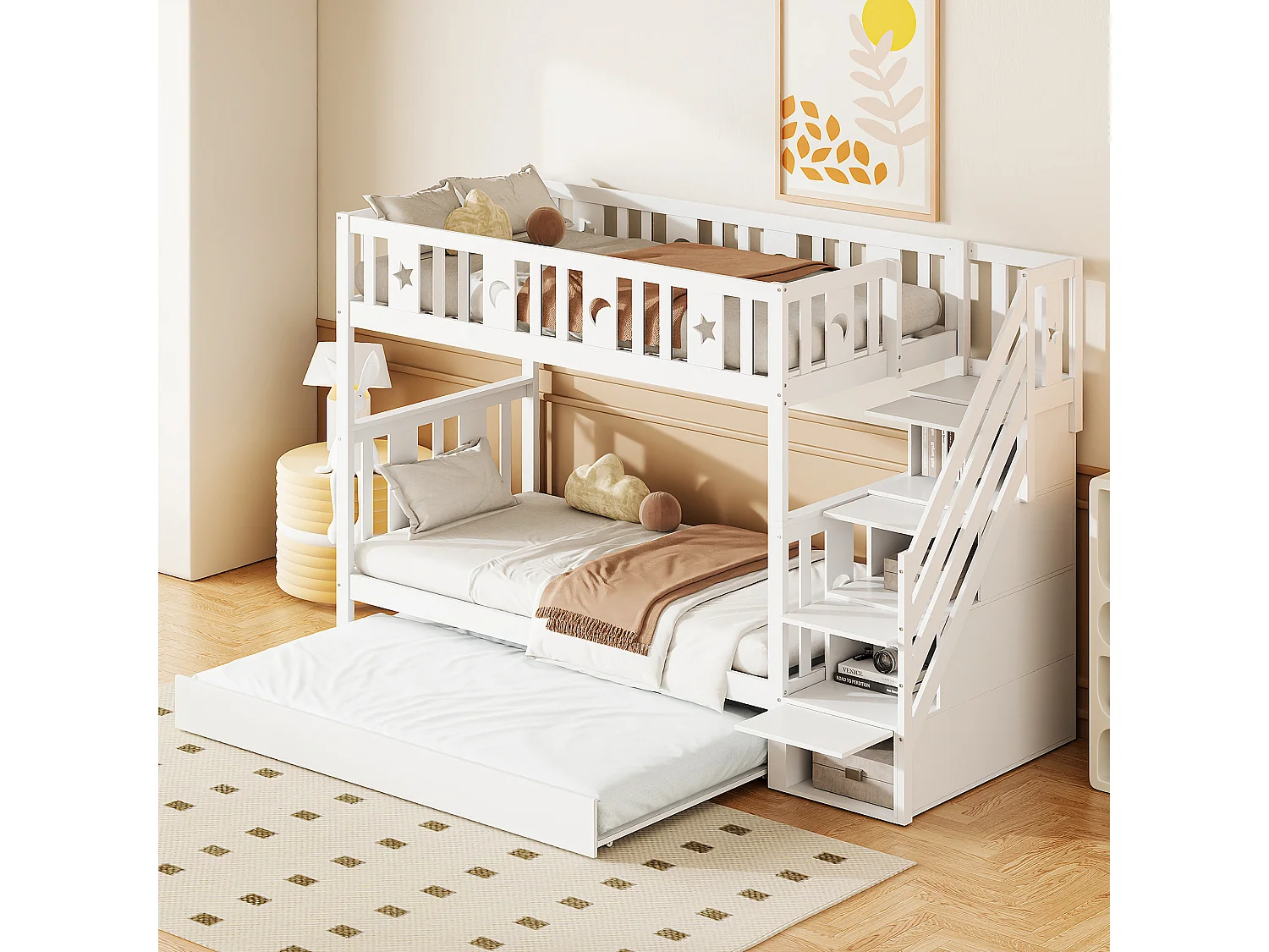 Łóżka piętrowe 2 x 90 x 200 cm z łóżkiem wysuwanym 90 x 190 cm i 4 szufladami - lite drewno - kolor biały