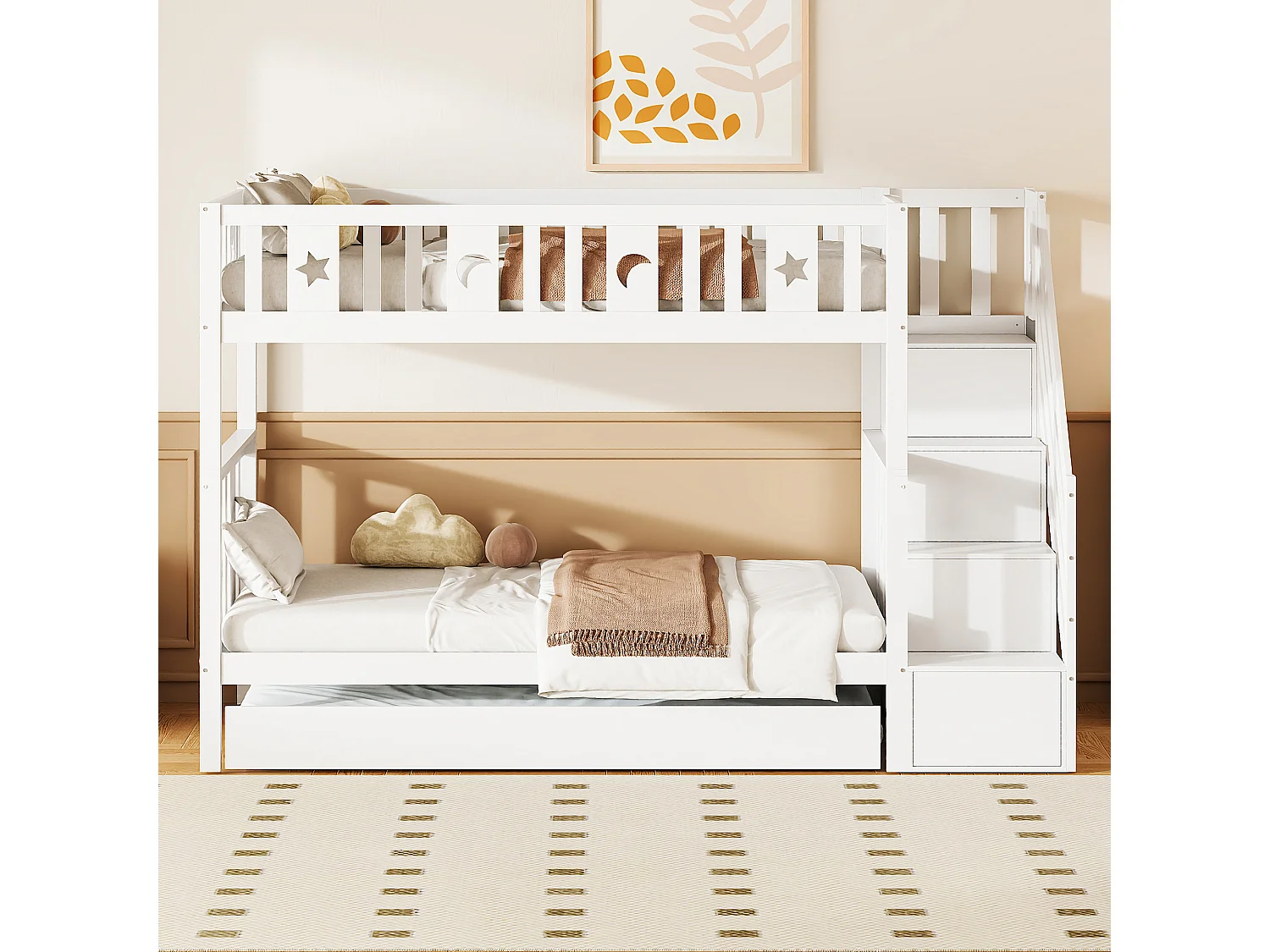 Łóżka piętrowe 2 x 90 x 200 cm z łóżkiem wysuwanym 90 x 190 cm i 4 szufladami - lite drewno - kolor biały