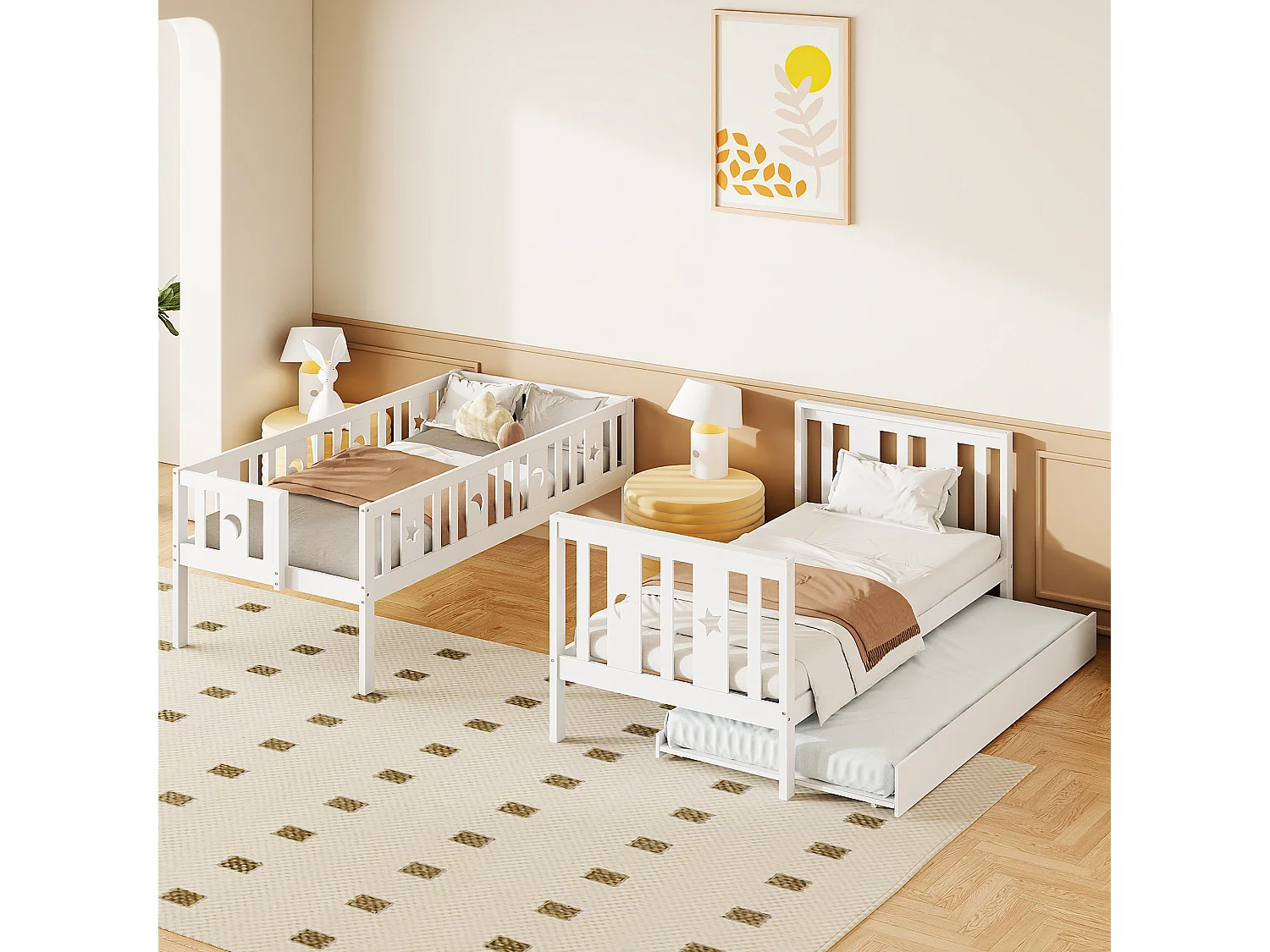 Łóżka piętrowe 2 x 90 x 200 cm z łóżkiem wysuwanym 90 x 190 cm i 4 szufladami - lite drewno - kolor biały