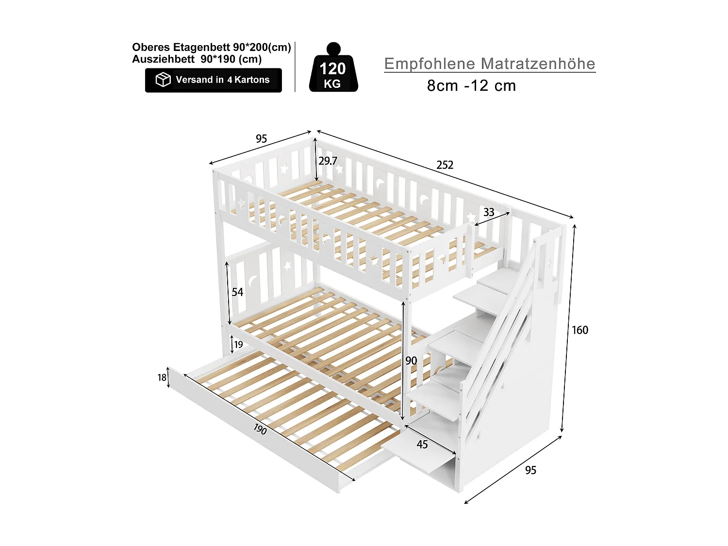 Łóżka piętrowe 2 x 90 x 200 cm z łóżkiem wysuwanym 90 x 190 cm i 4 szufladami - lite drewno - kolor biały