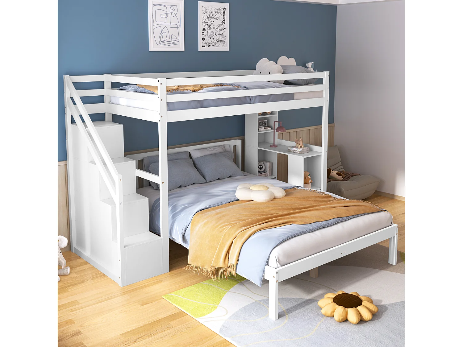 Stapelbedden 90 x 200 cm + 140 x 200 cm met zijplanken en 4 laden - grenen + MDF - wit