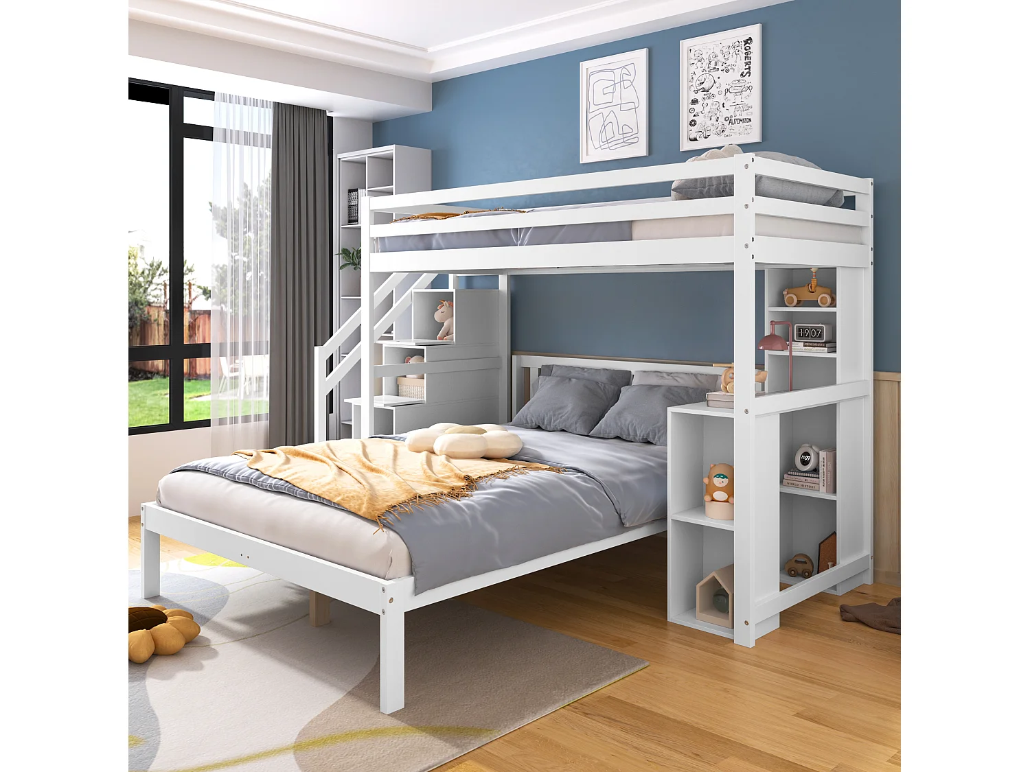 Stapelbedden 90 x 200 cm + 140 x 200 cm met zijplanken en 4 laden - grenen + MDF - wit