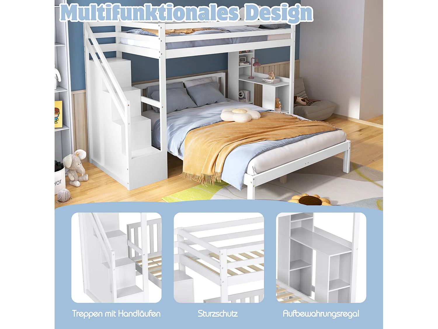 Stapelbedden 90 x 200 cm + 140 x 200 cm met zijplanken en 4 laden - grenen + MDF - wit