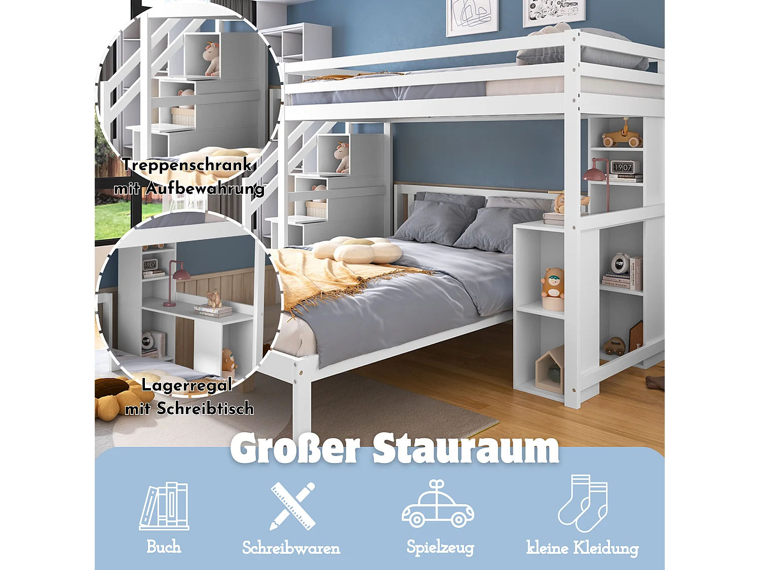 Stapelbedden 90 x 200 cm + 140 x 200 cm met zijplanken en 4 laden - grenen + MDF - wit