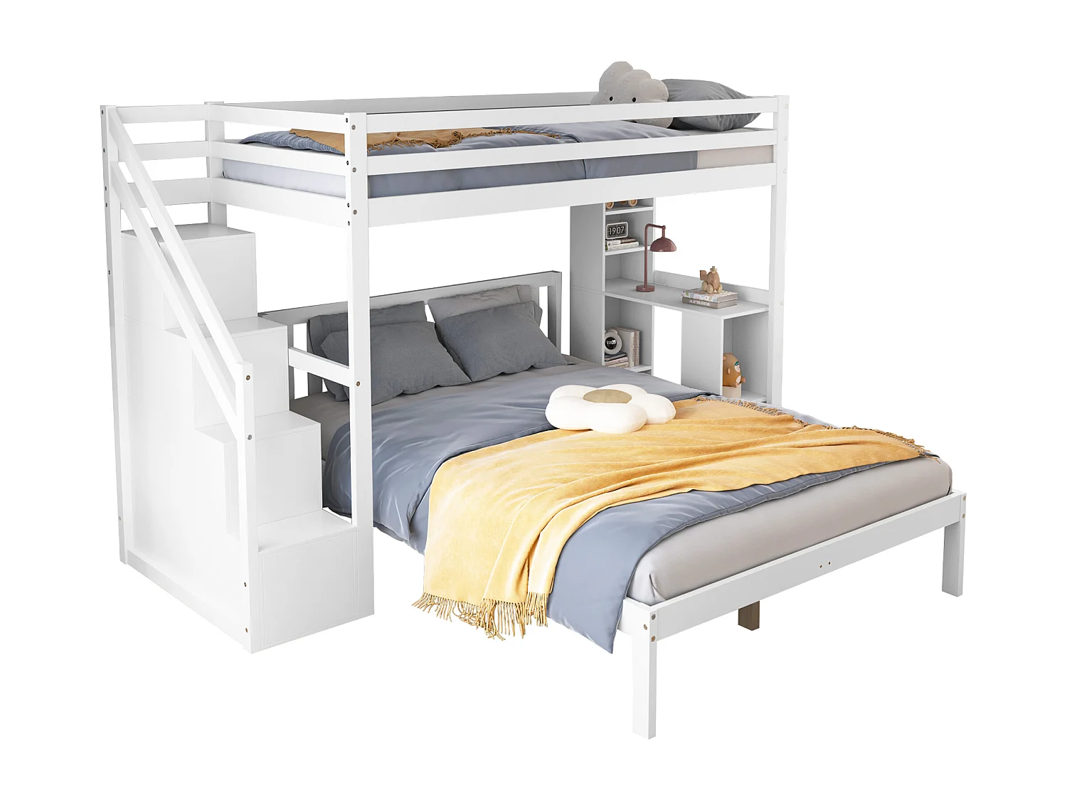 Stapelbedden 90 x 200 cm + 140 x 200 cm met zijplanken en 4 laden - grenen + MDF - wit