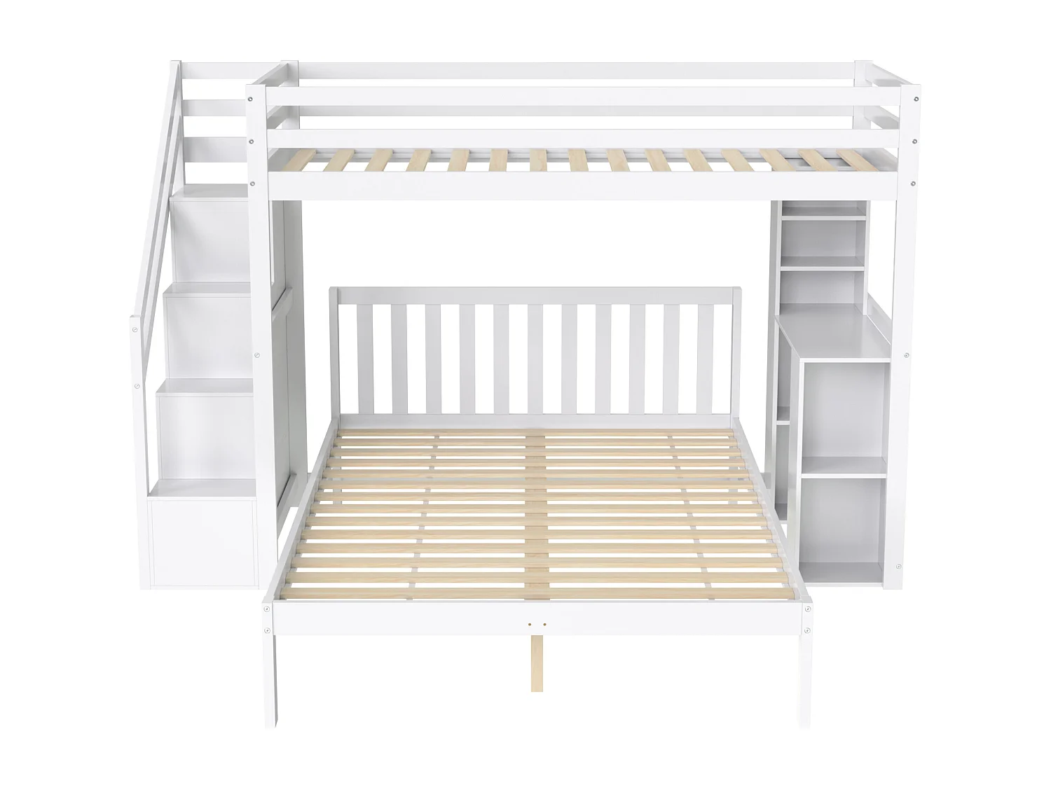 Stapelbedden 90 x 200 cm + 140 x 200 cm met zijplanken en 4 laden - grenen + MDF - wit