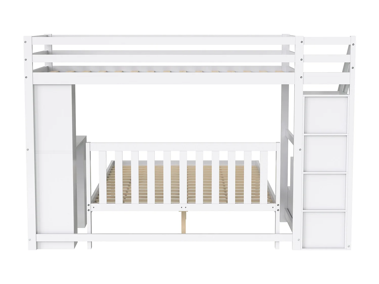 Stapelbedden 90 x 200 cm + 140 x 200 cm met zijplanken en 4 laden - grenen + MDF - wit