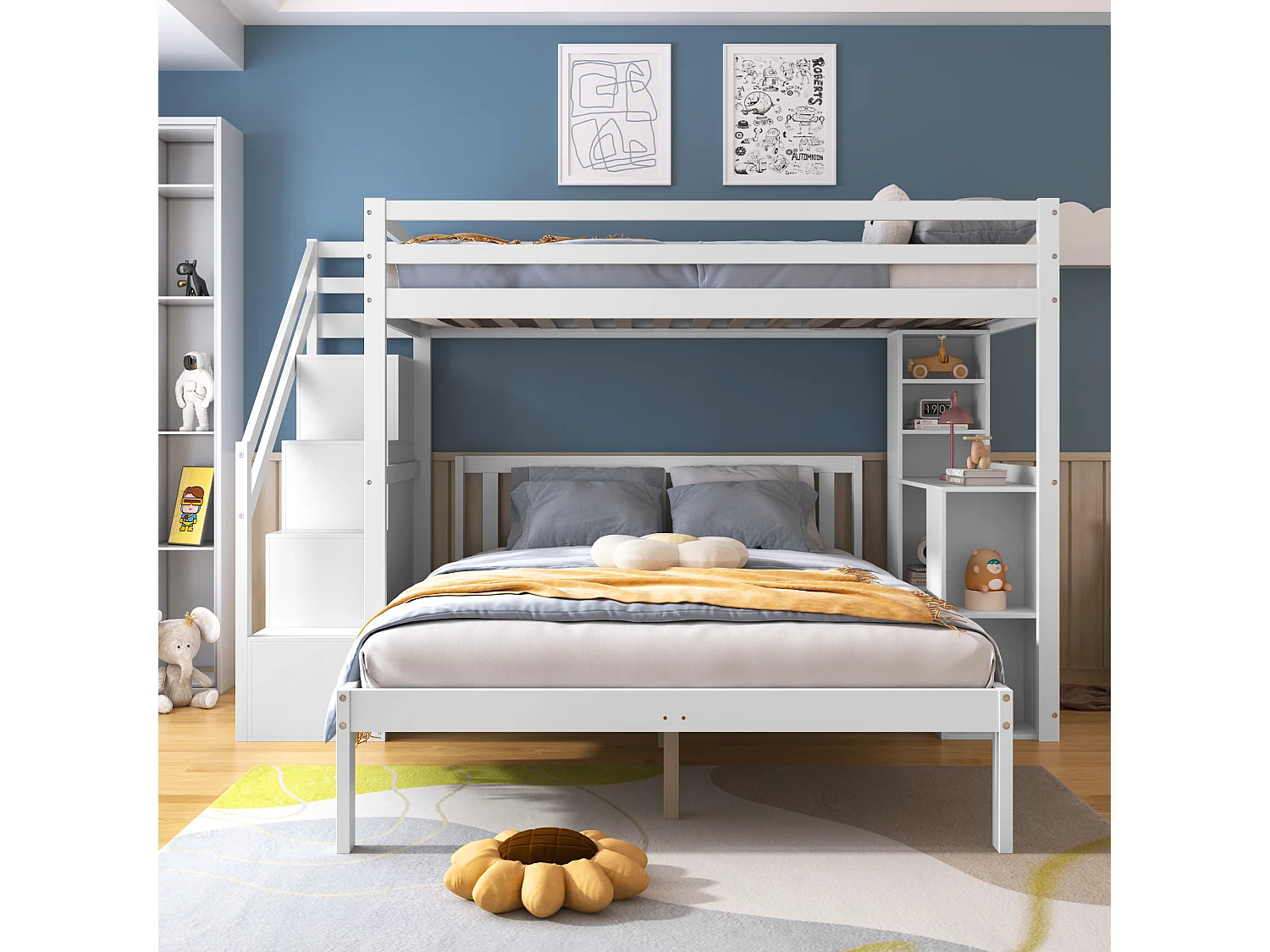 Lits superposés 90 x 200 cm + 140 x 200 cm avec étagères latérales et 4 tiroirs - pin + MDF - blanc