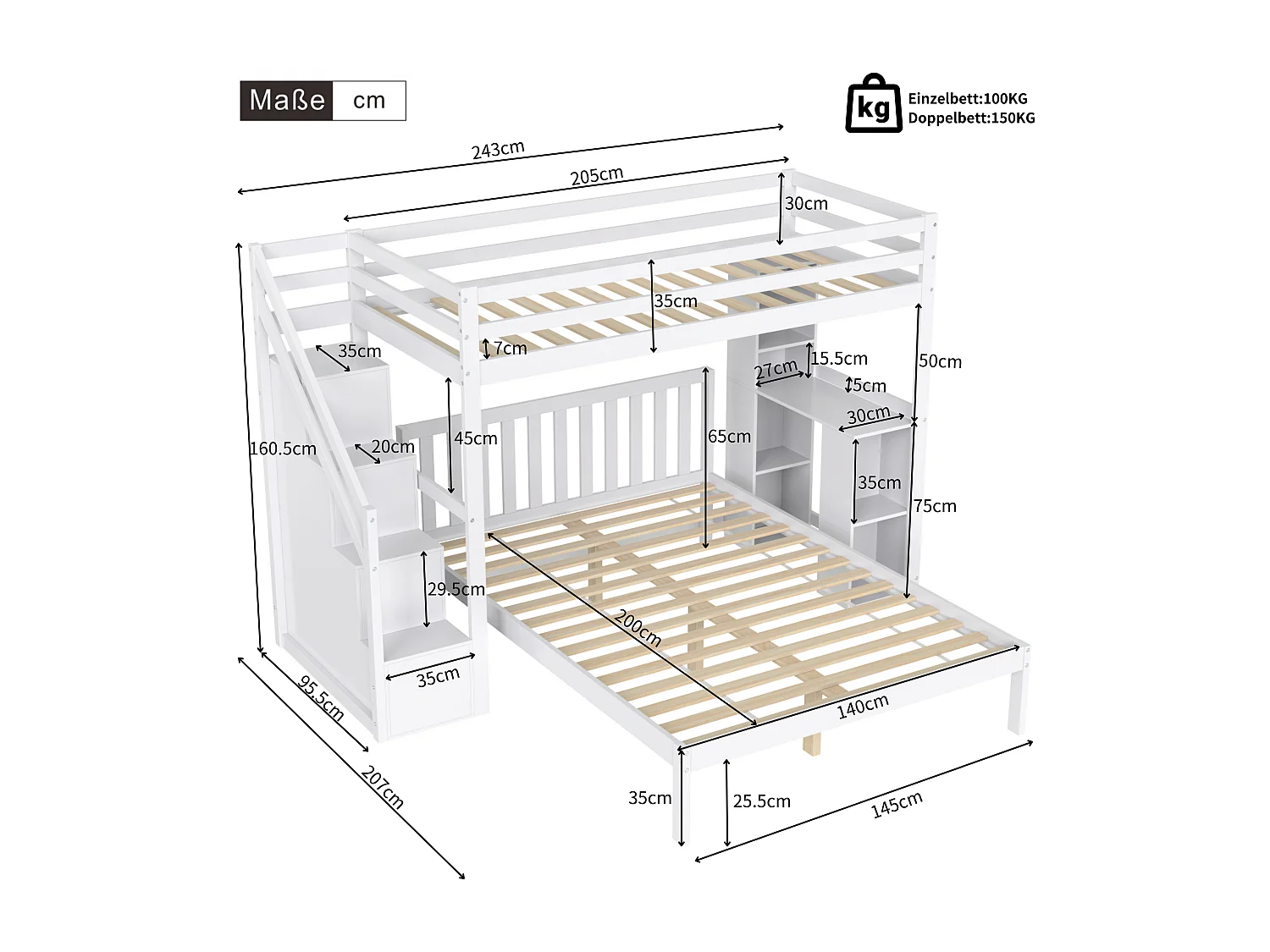 Lits superposés 90 x 200 cm + 140 x 200 cm avec étagères latérales et 4 tiroirs - pin + MDF - blanc