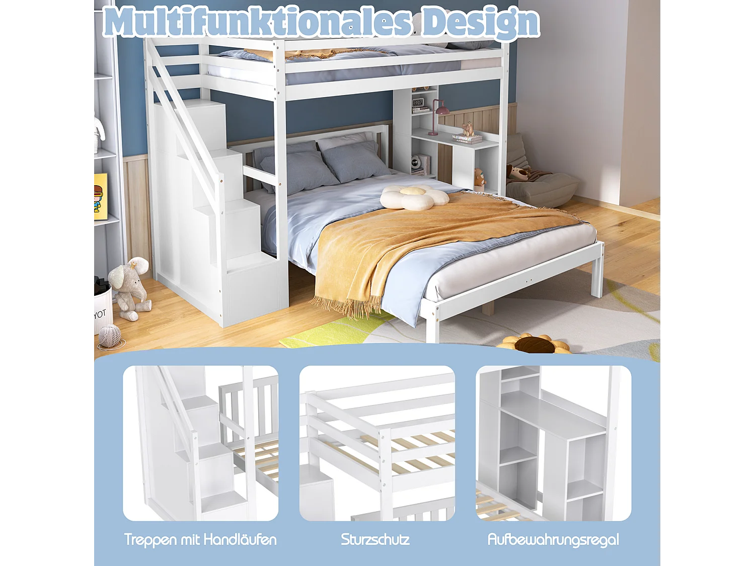 Stapelbedden 90 x 200 cm + 140 x 200 cm met zijplanken en 4 laden - grenen + MDF - wit