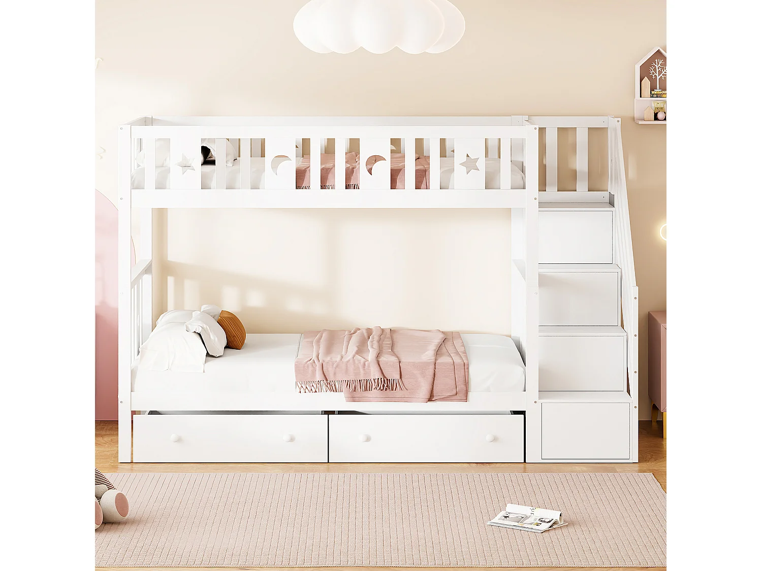 Łóżka piętrowe 2 x 90 x 200 cm z 2 szufladami i półkami do przechowywania - lite drewno - kolor biały