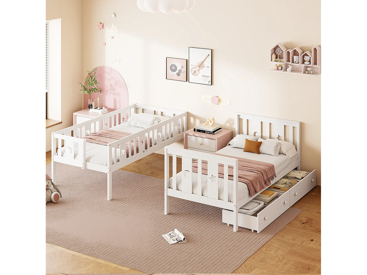 Łóżka piętrowe 2 x 90 x 200 cm z 2 szufladami i półkami do przechowywania - lite drewno - kolor biały