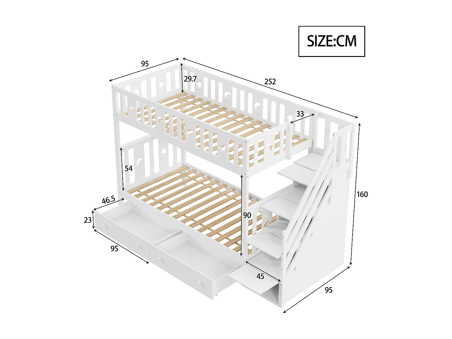 Łóżka piętrowe 2 x 90 x 200 cm z 2 szufladami i półkami do przechowywania - lite drewno - kolor biały