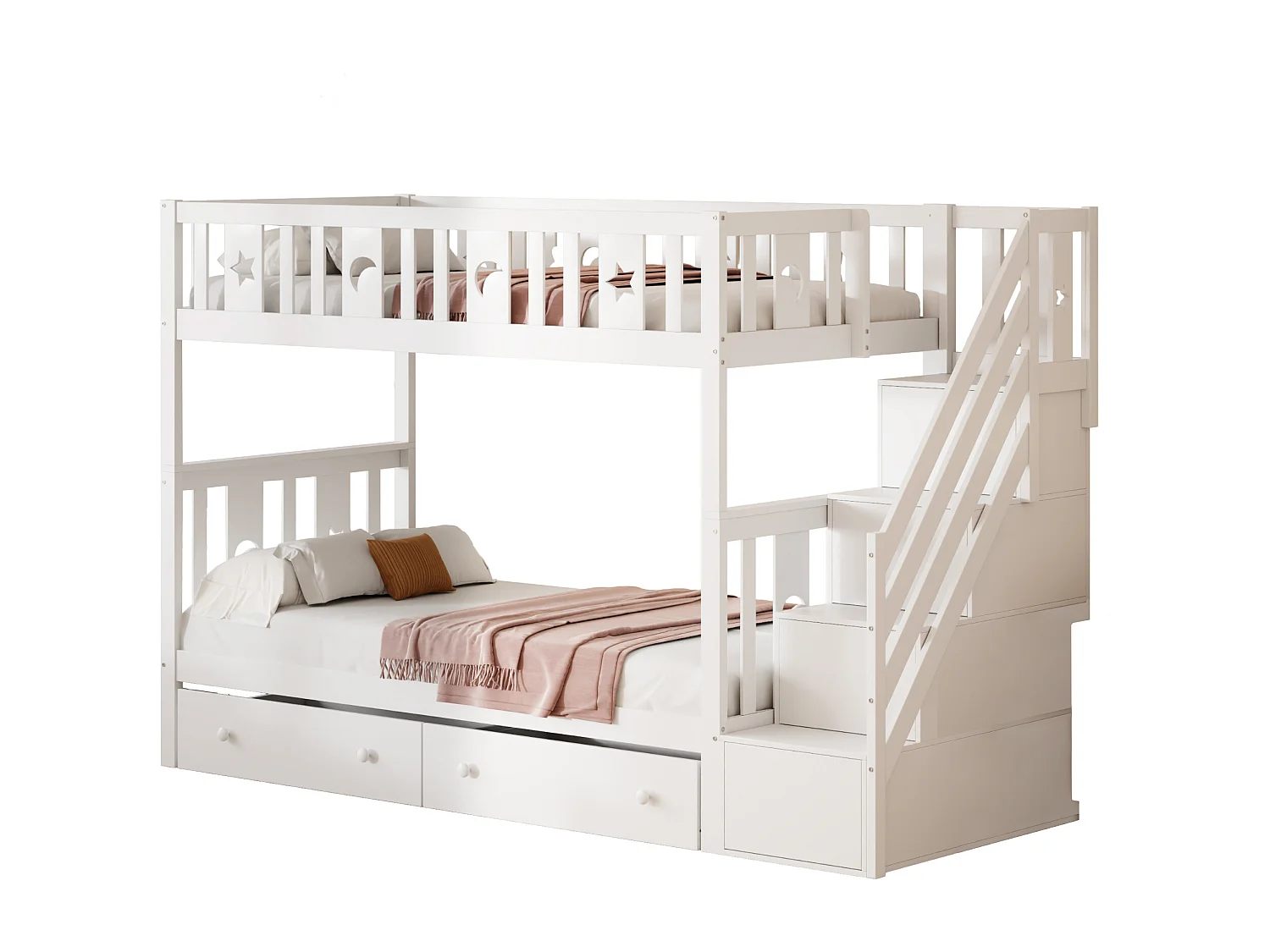 Łóżka piętrowe 2 x 90 x 200 cm z 2 szufladami i półkami do przechowywania - lite drewno - kolor biały