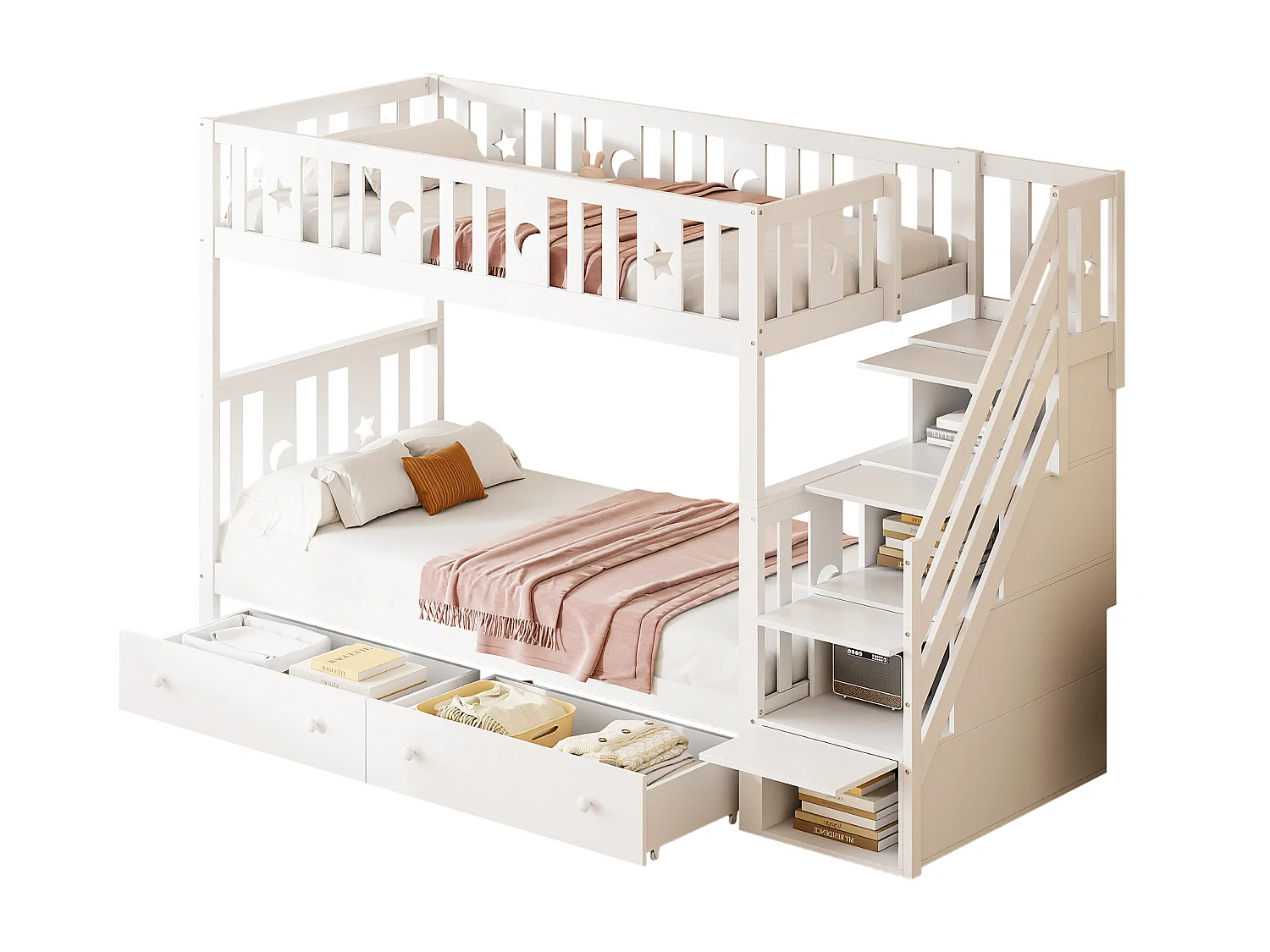 Łóżka piętrowe 2 x 90 x 200 cm z 2 szufladami i półkami do przechowywania - lite drewno - kolor biały