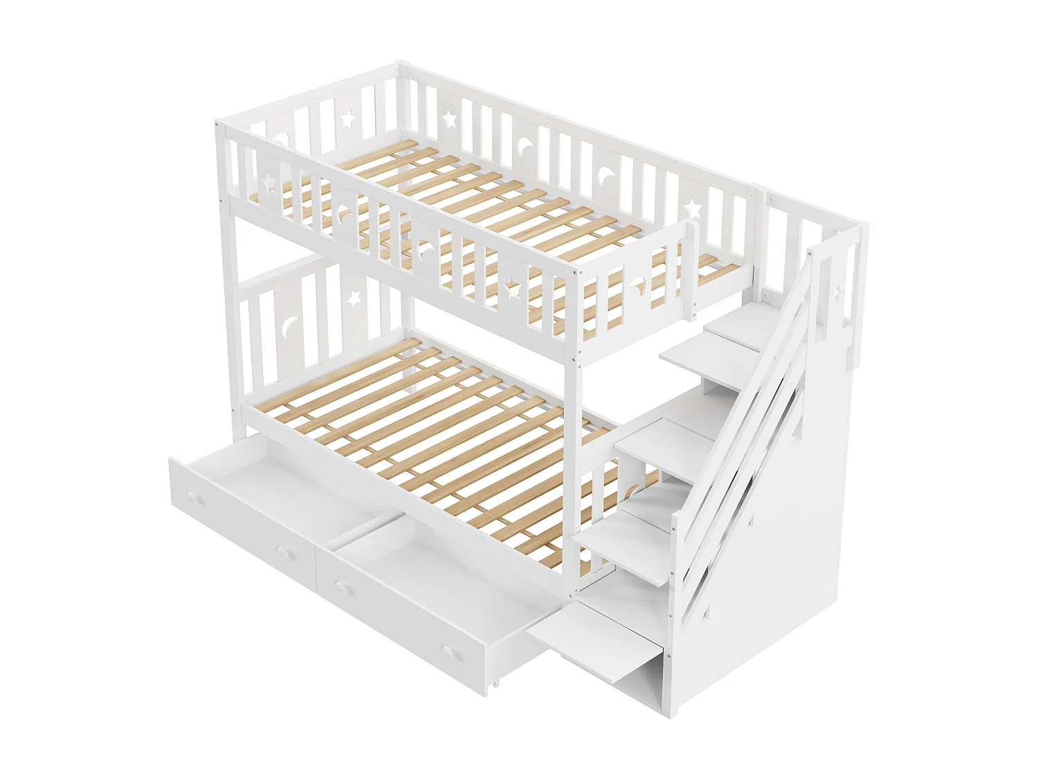 Łóżka piętrowe 2 x 90 x 200 cm z 2 szufladami i półkami do przechowywania - lite drewno - kolor biały